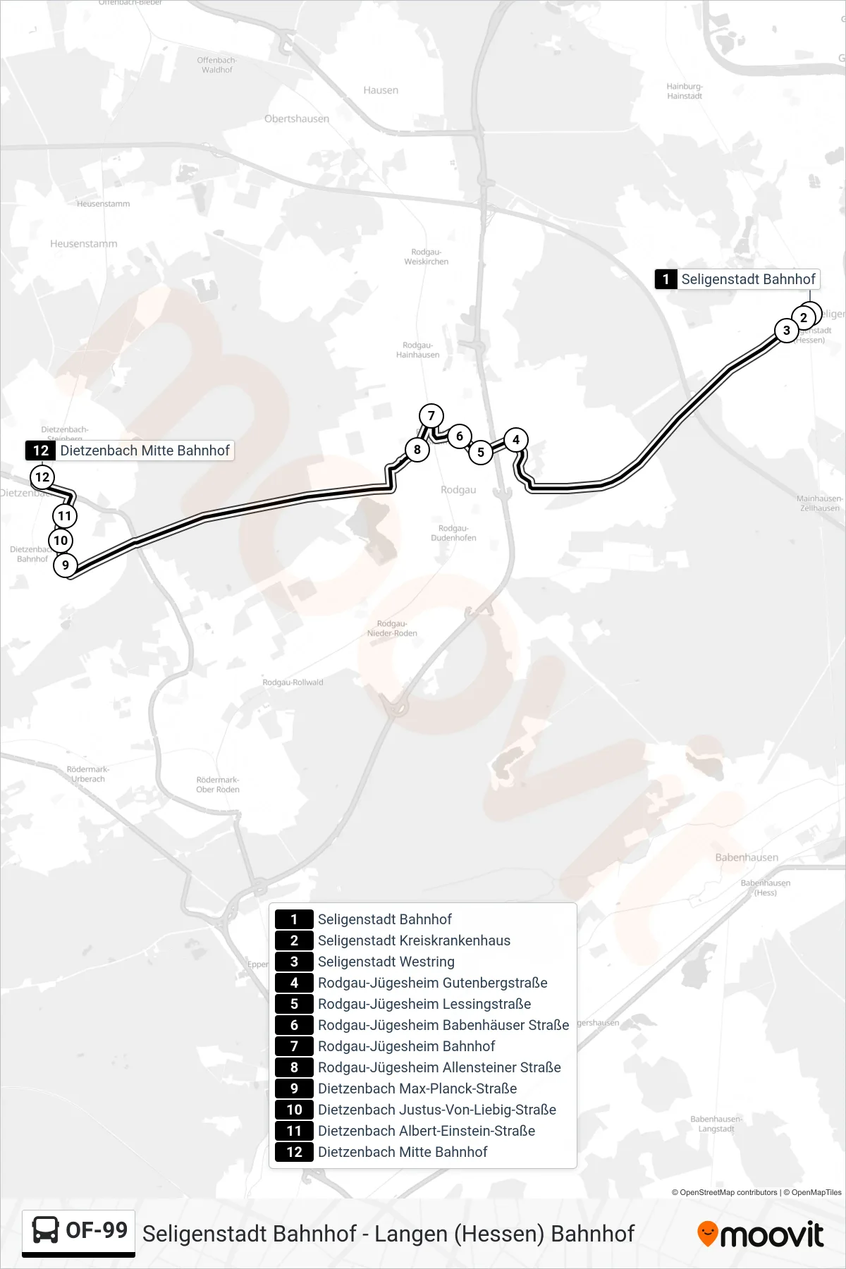 OF-99 bus Line (Dietzenbach Mitte Bahnhof) route and stops on a map