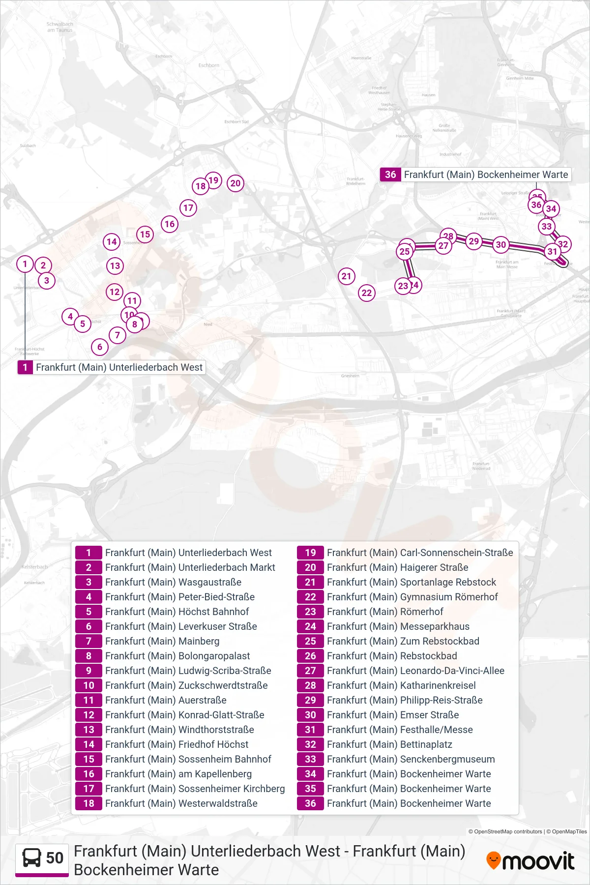 50 bus Line (Frankfurt (Main) Bockenheimer Warte) route and stops on a map