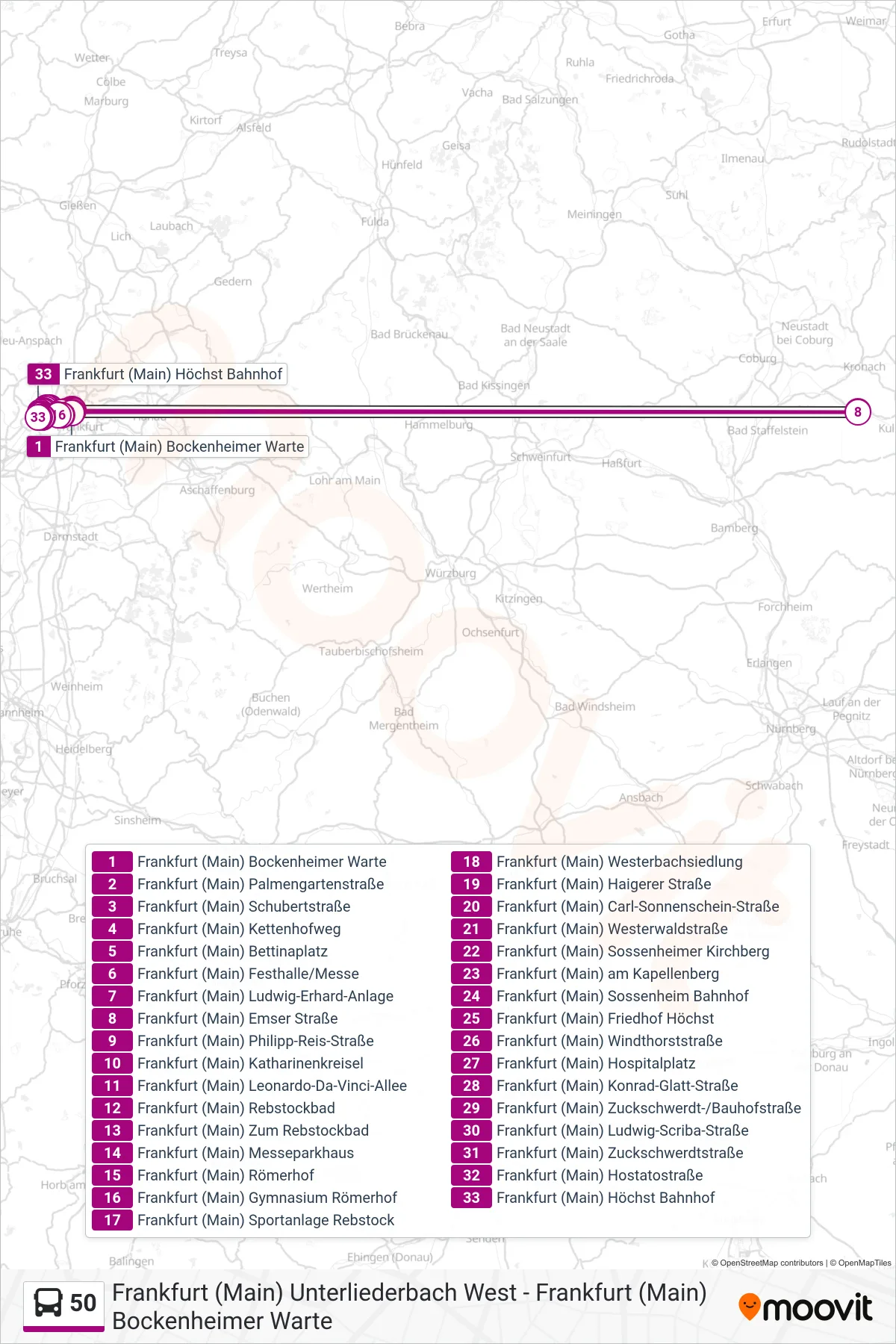 50 bus Line (Frankfurt (Main) Höchst Bahnhof) route and stops on a map