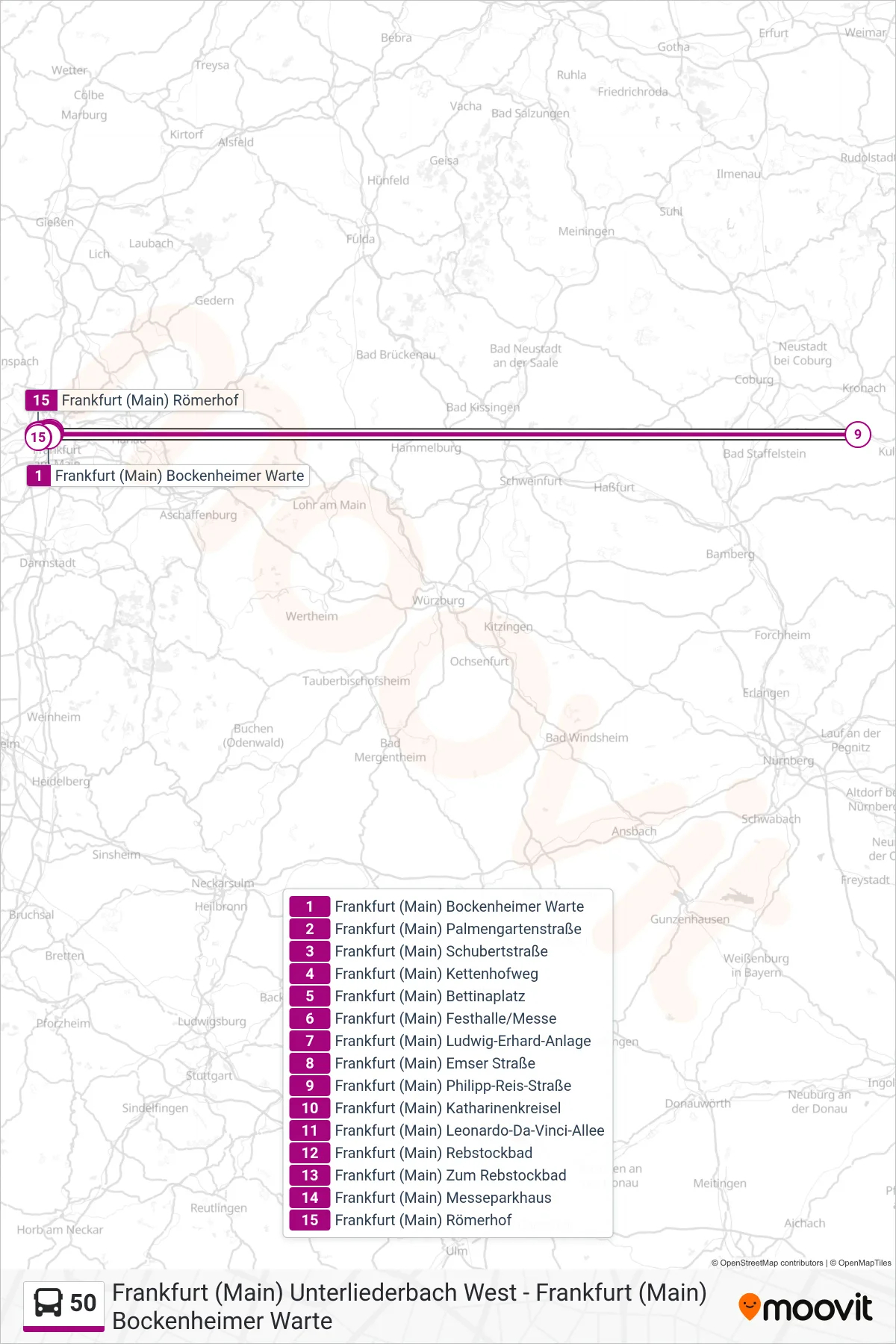 50 bus Line (Frankfurt (Main) Römerhof) route and stops on a map
