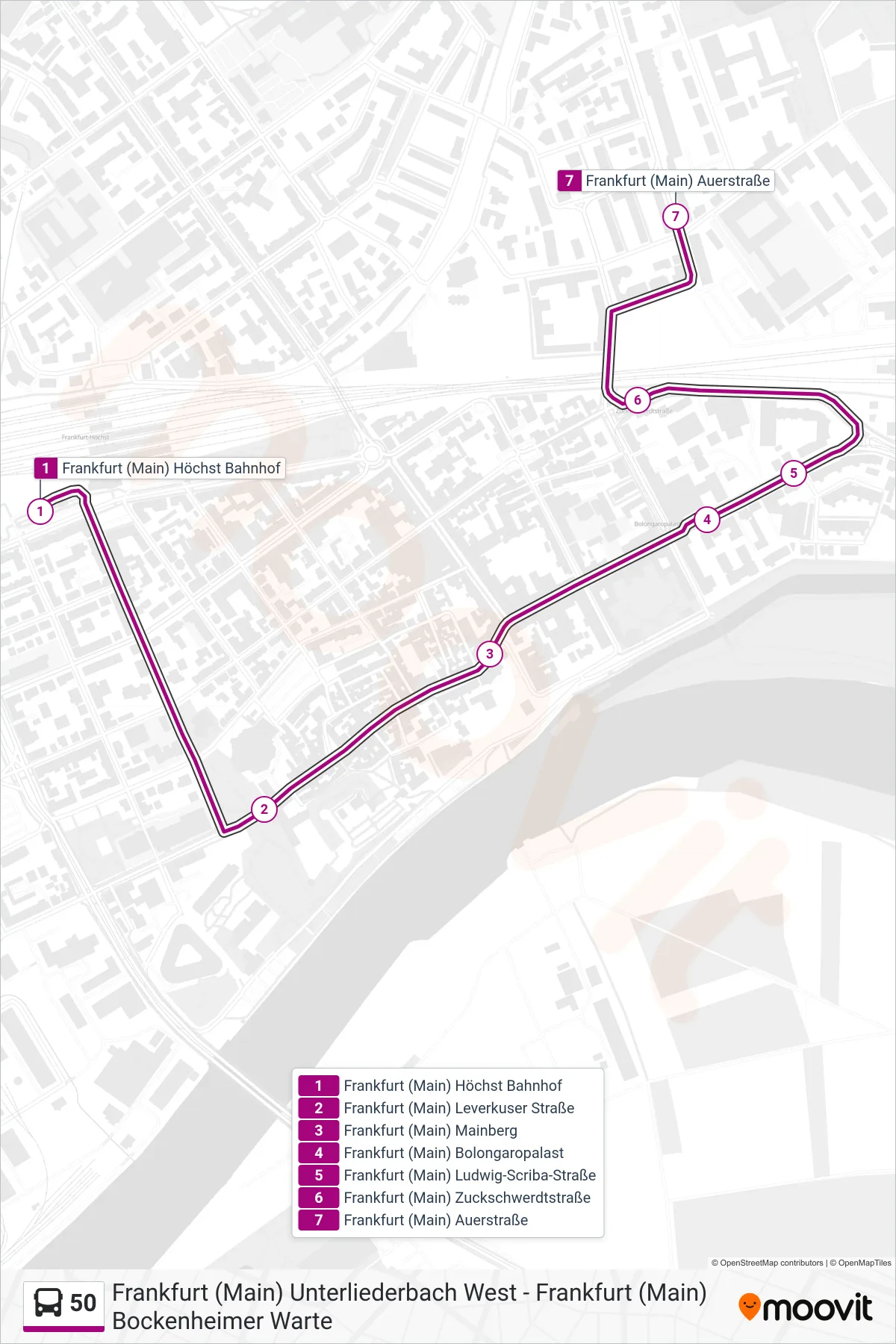 50 bus Line (Frankfurt (Main) Auerstraße) route and stops on a map