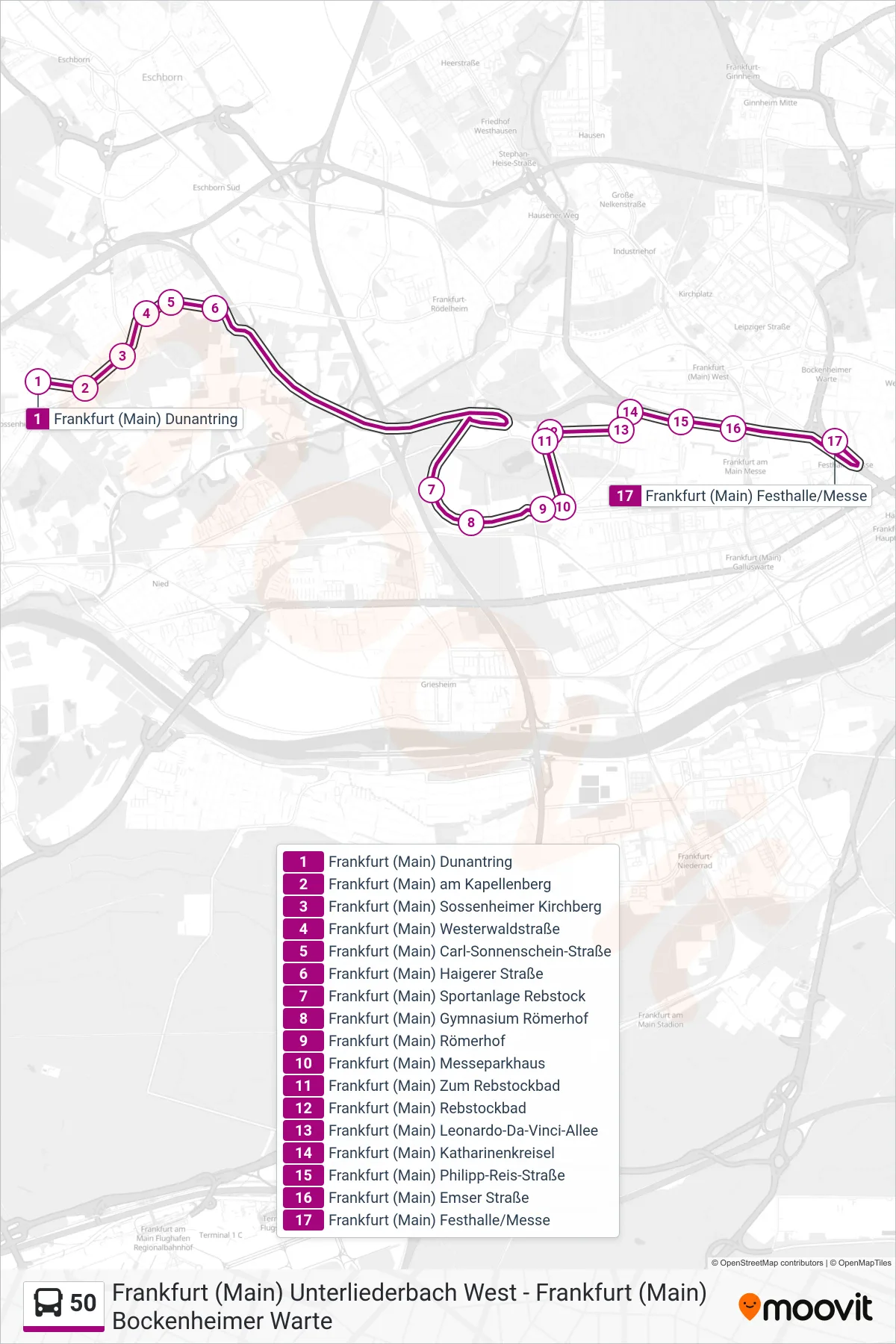 50 bus Line (Frankfurt (Main) Festhalle/Messe) route and stops on a map