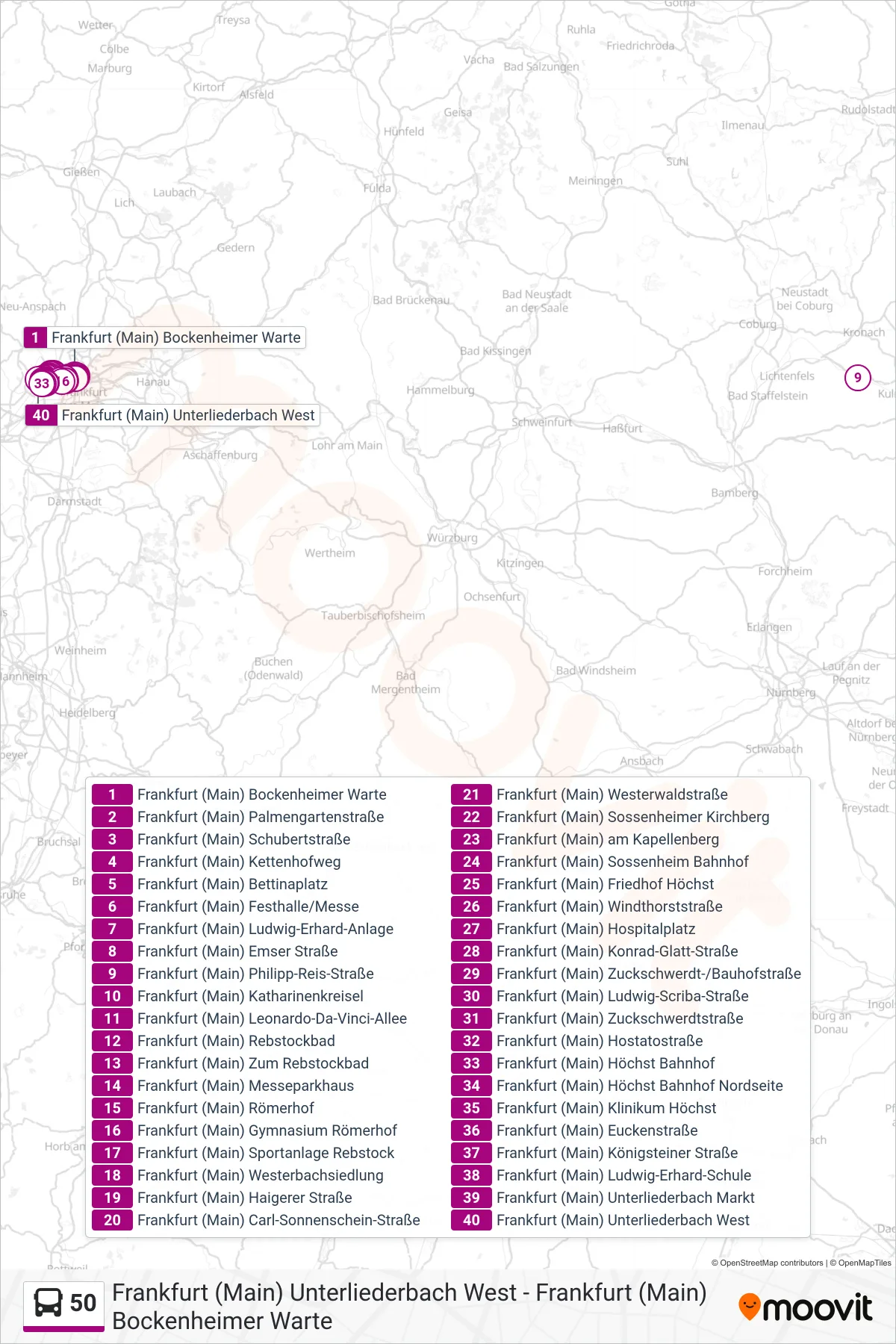 50 bus Line (Frankfurt (Main) Unterliederbach West) route and stops on a map