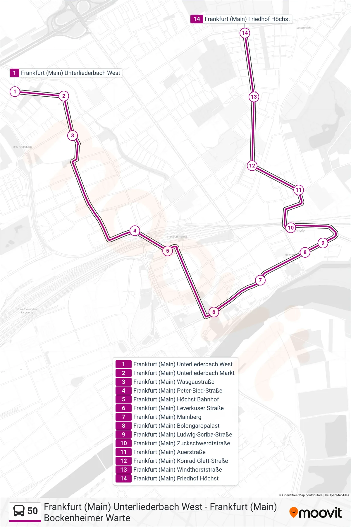 50 bus Line (Frankfurt (Main) Friedhof Höchst) route and stops on a map