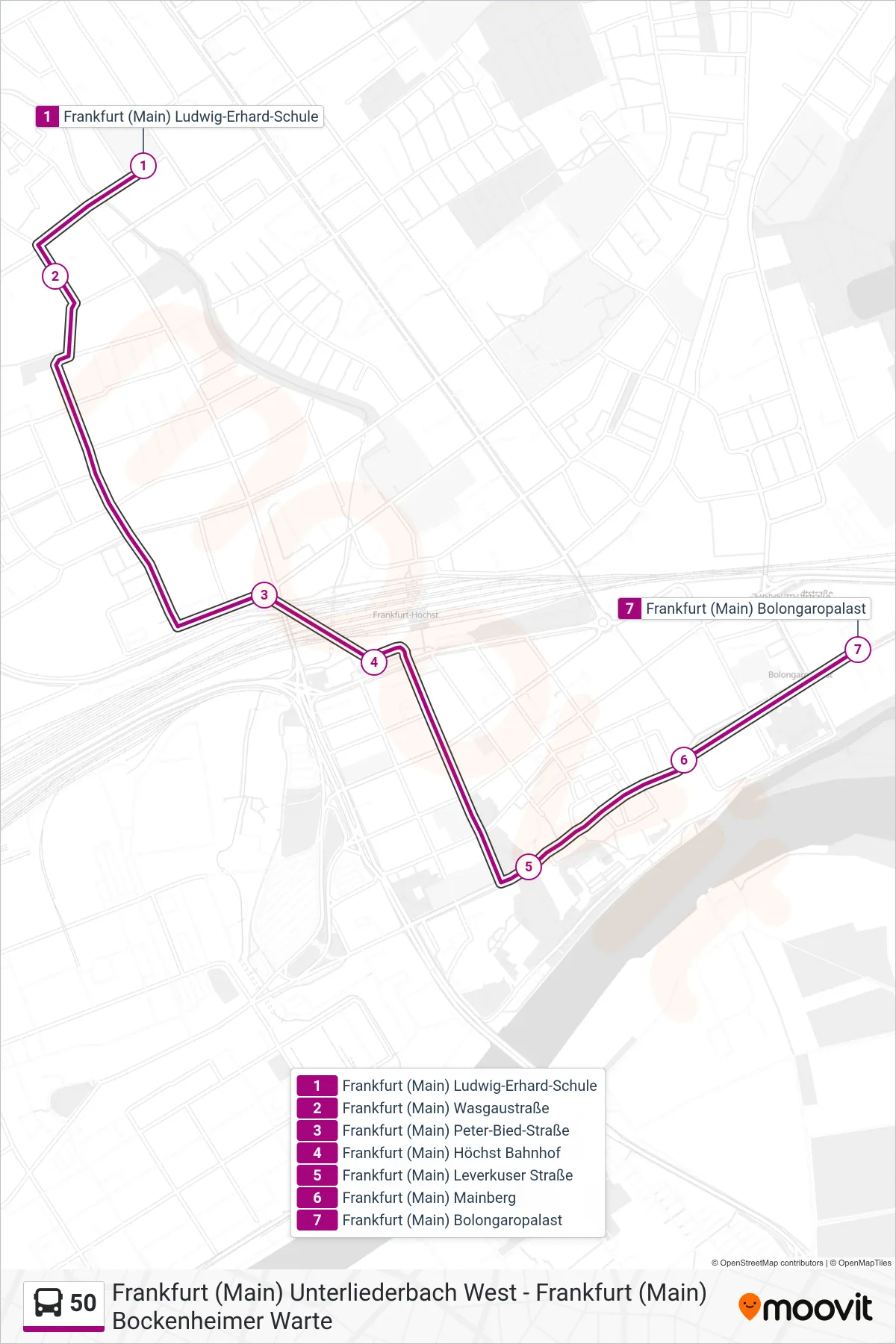 Linie 50 (Bus) Richtung Frankfurt (Main) Bolongaropalast: Route und Haltestellen auf der Karte