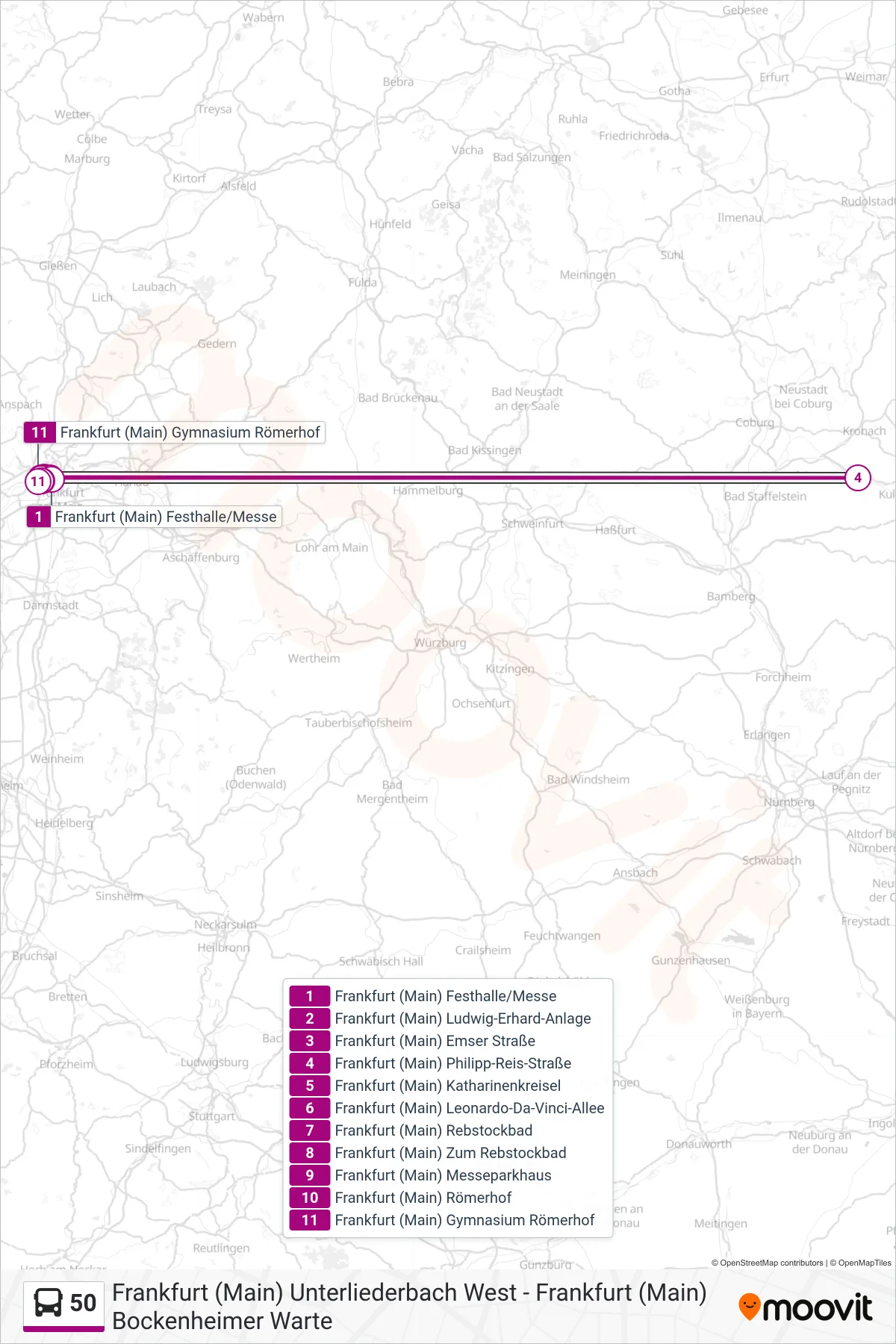 50 bus Line (Frankfurt (Main) Gymnasium Römerhof) route and stops on a map