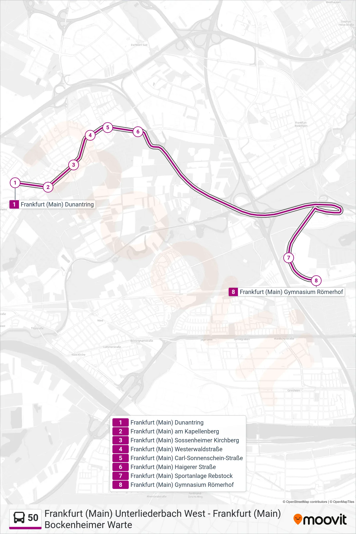 50 bus Line (Frankfurt (Main) Gymnasium Römerhof) route and stops on a map