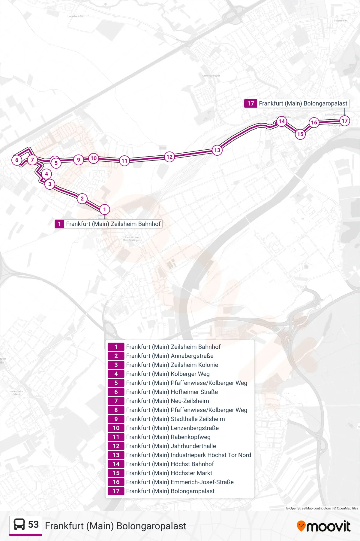 53 bus Line (Frankfurt (Main) Bolongaropalast) route and stops on a map