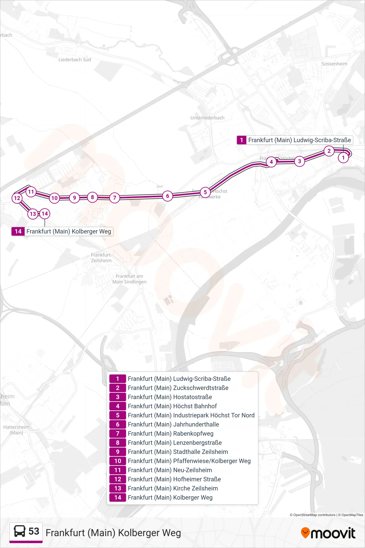 Linie 53 (Bus) Richtung Frankfurt (Main) Kolberger Weg: Route und Haltestellen auf der Karte