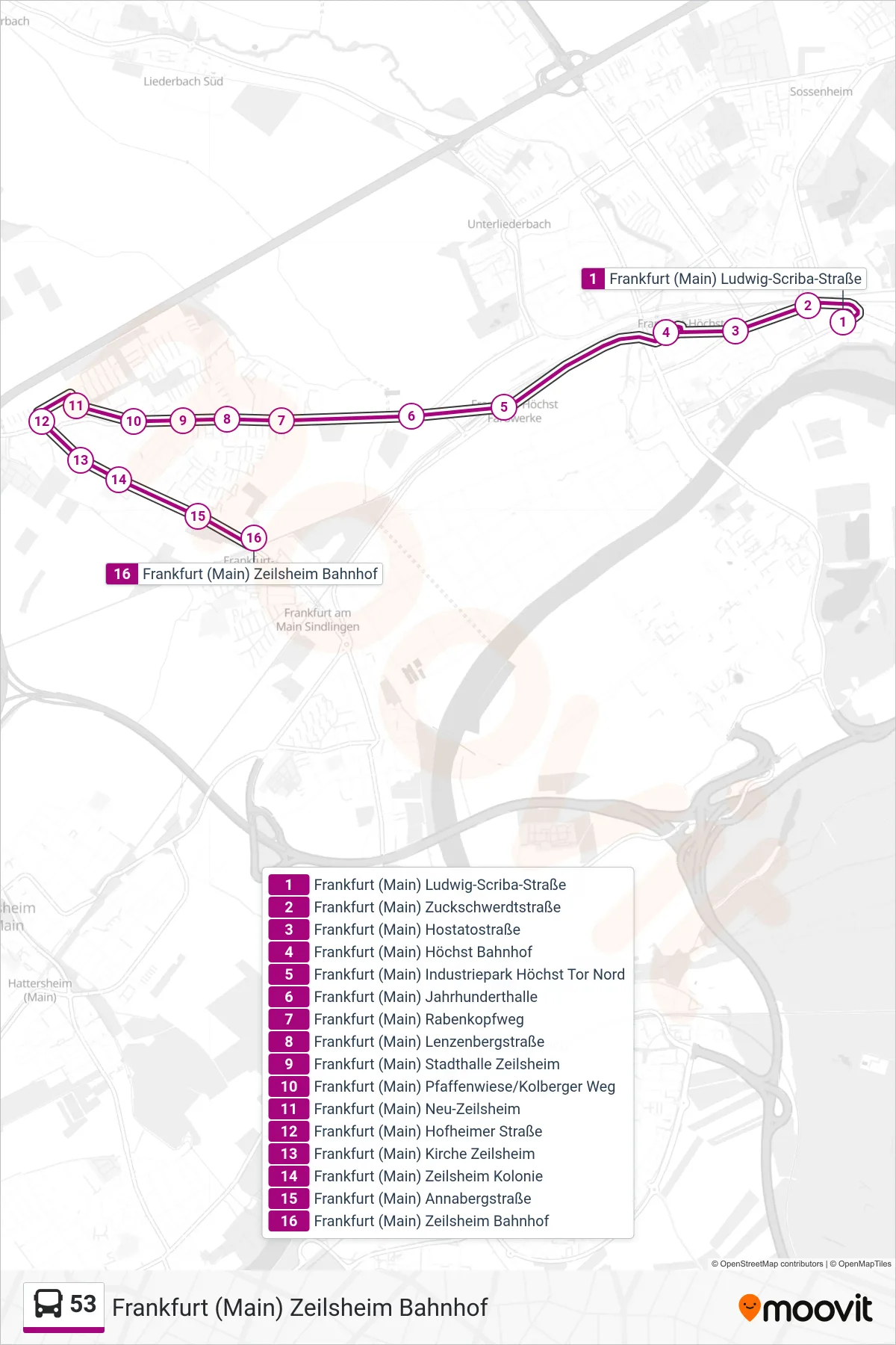 53 bus Line (Frankfurt (Main) Zeilsheim Bahnhof) route and stops on a map