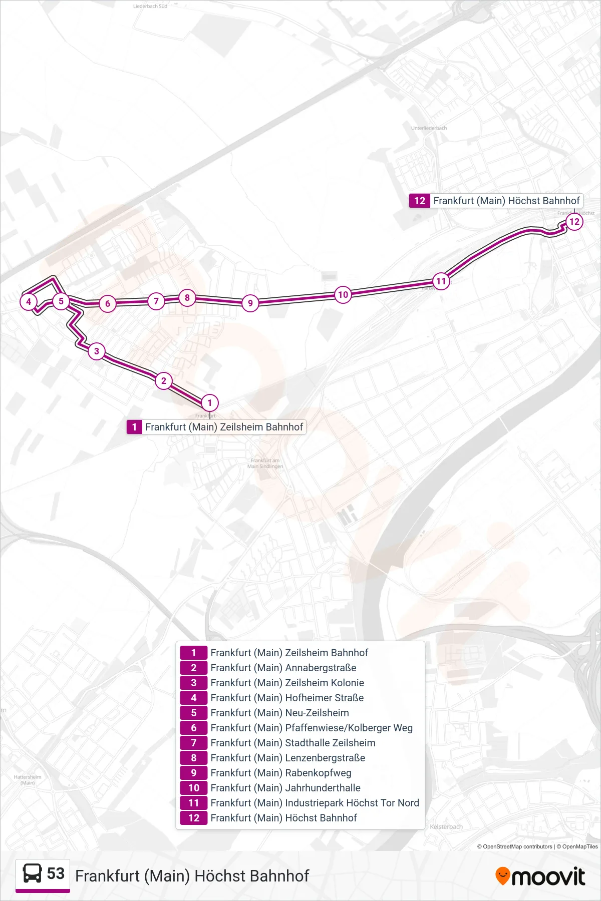 53 bus Line (Frankfurt (Main) Höchst Bahnhof) route and stops on a map