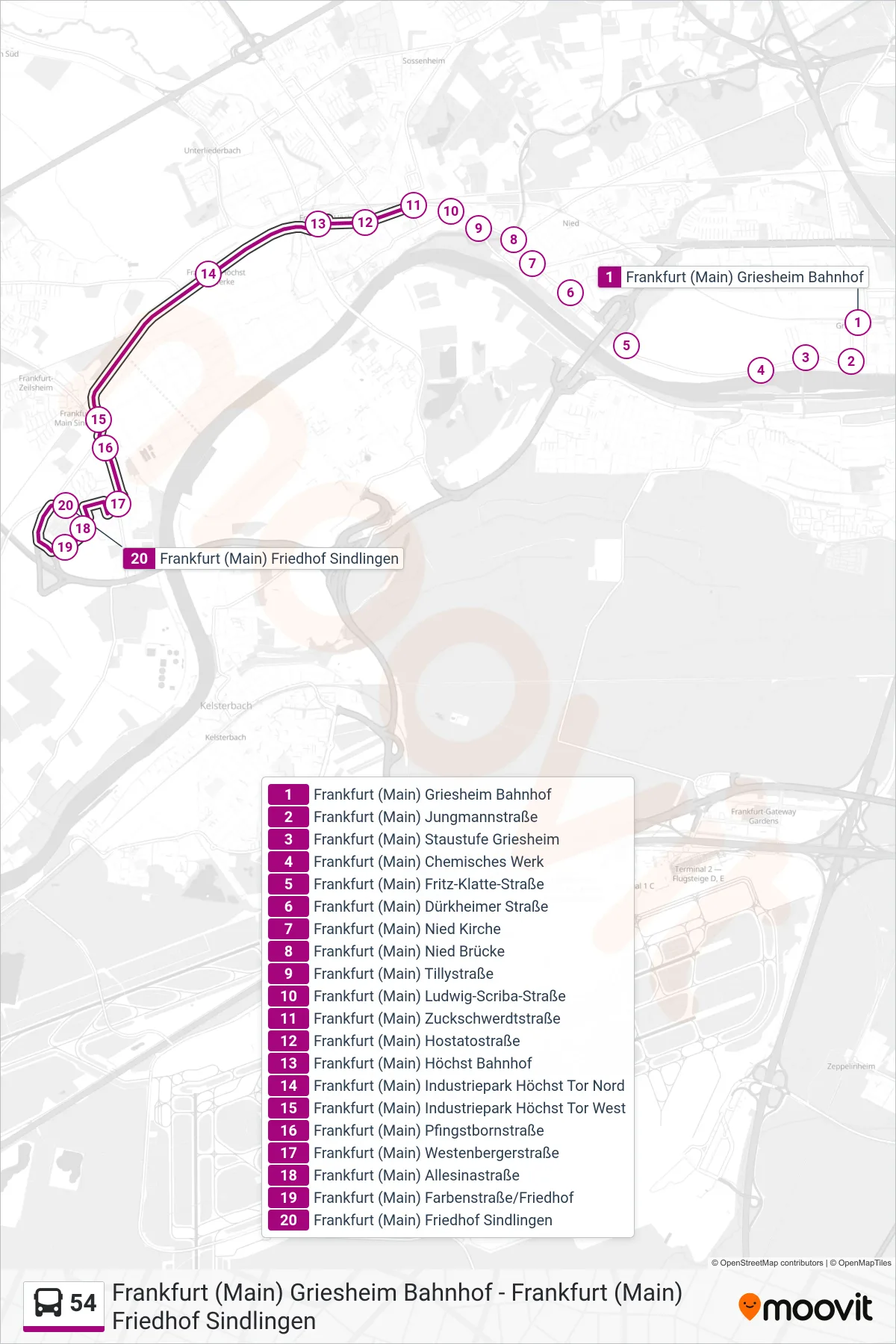 54 bus Line (Frankfurt (Main) Friedhof Sindlingen) route and stops on a map
