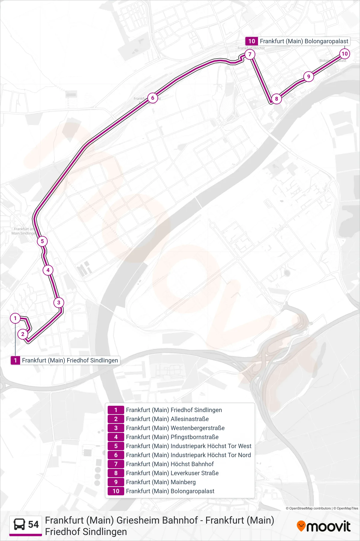54 bus Line (Frankfurt (Main) Bolongaropalast) route and stops on a map