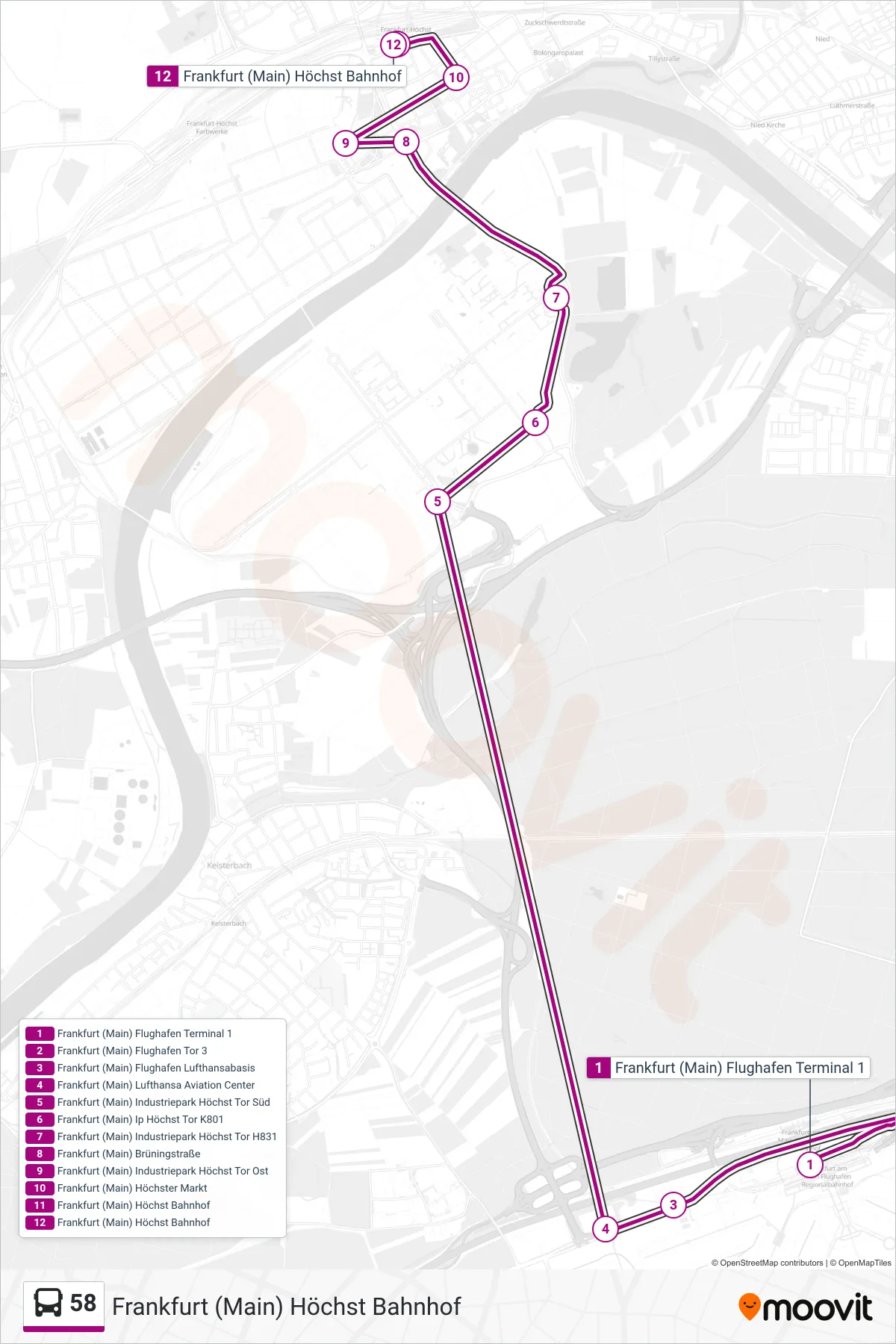 58 bus Line (Frankfurt (Main) Höchst Bahnhof) route and stops on a map