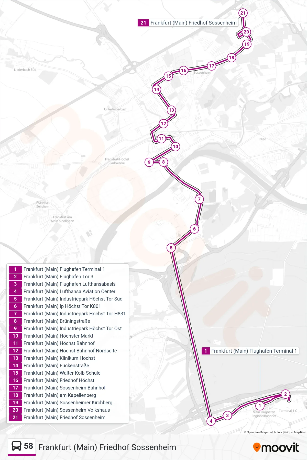 58 bus Line (Frankfurt (Main) Friedhof Sossenheim) route and stops on a map