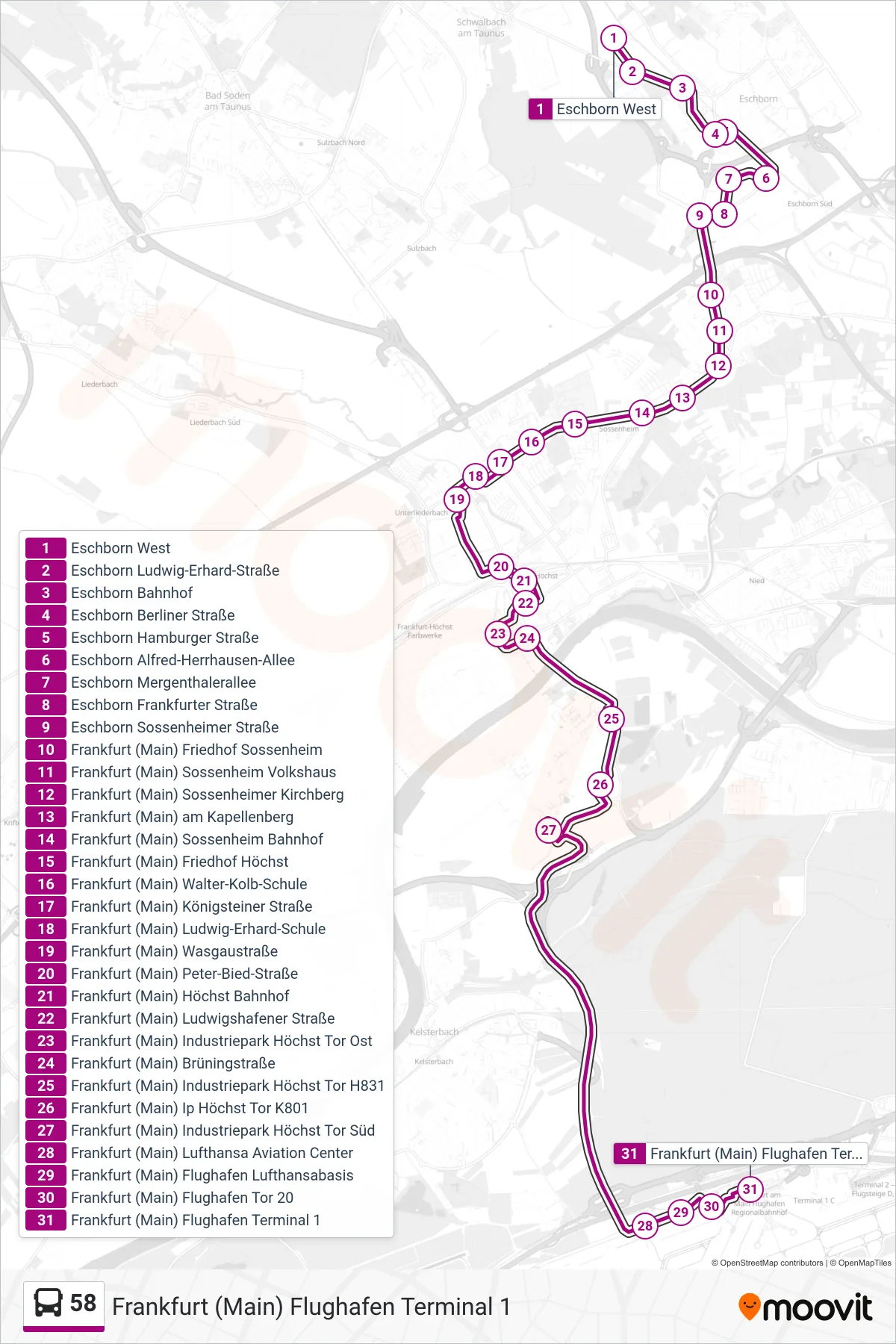 58 bus Line (Frankfurt (Main) Flughafen Terminal 1) route and stops on a map