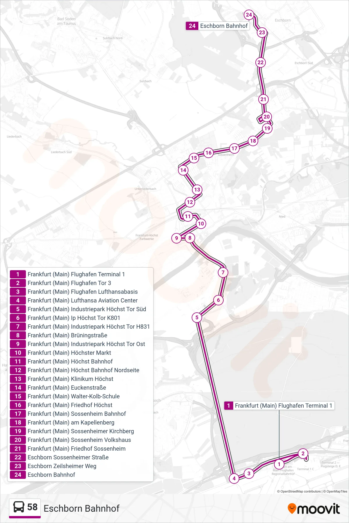 58 bus Line (Eschborn Bahnhof) route and stops on a map