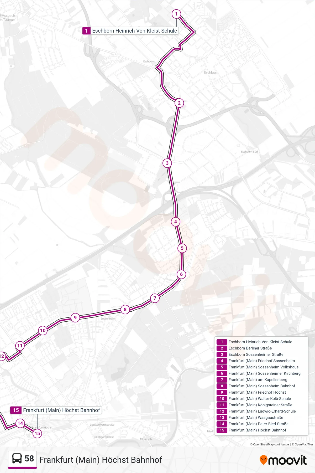 58 bus Line (Frankfurt (Main) Höchst Bahnhof) route and stops on a map