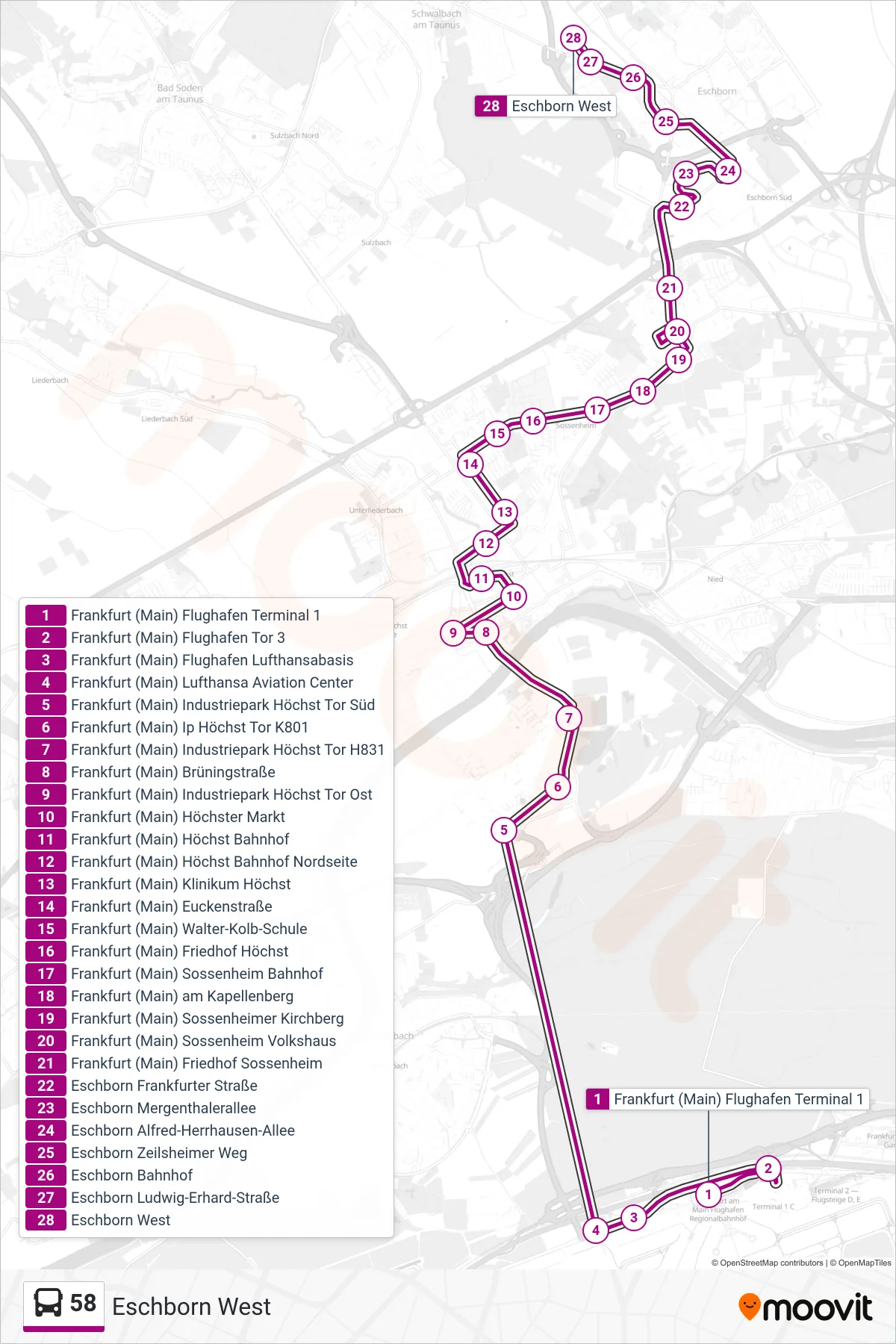 Linie 58 (Bus) Richtung Eschborn West: Route und Haltestellen auf der Karte