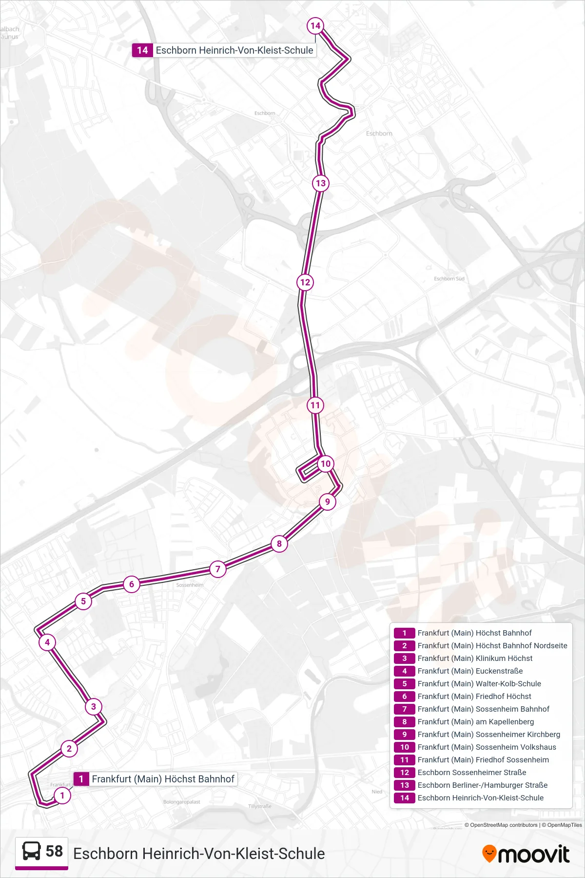 58 bus Line (Eschborn Heinrich-Von-Kleist-Schule) route and stops on a map