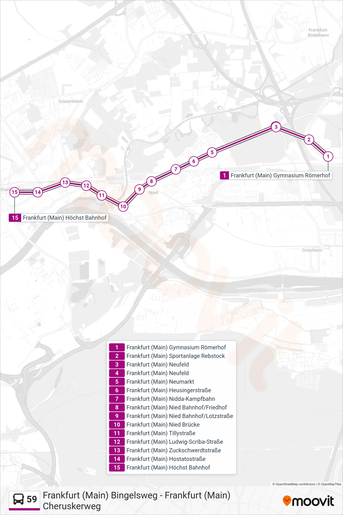 59 bus Line (Frankfurt (Main) Höchst Bahnhof) route and stops on a map