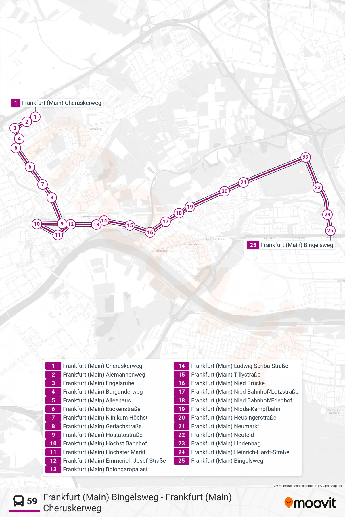 59 bus Line (Frankfurt (Main) Bingelsweg) route and stops on a map