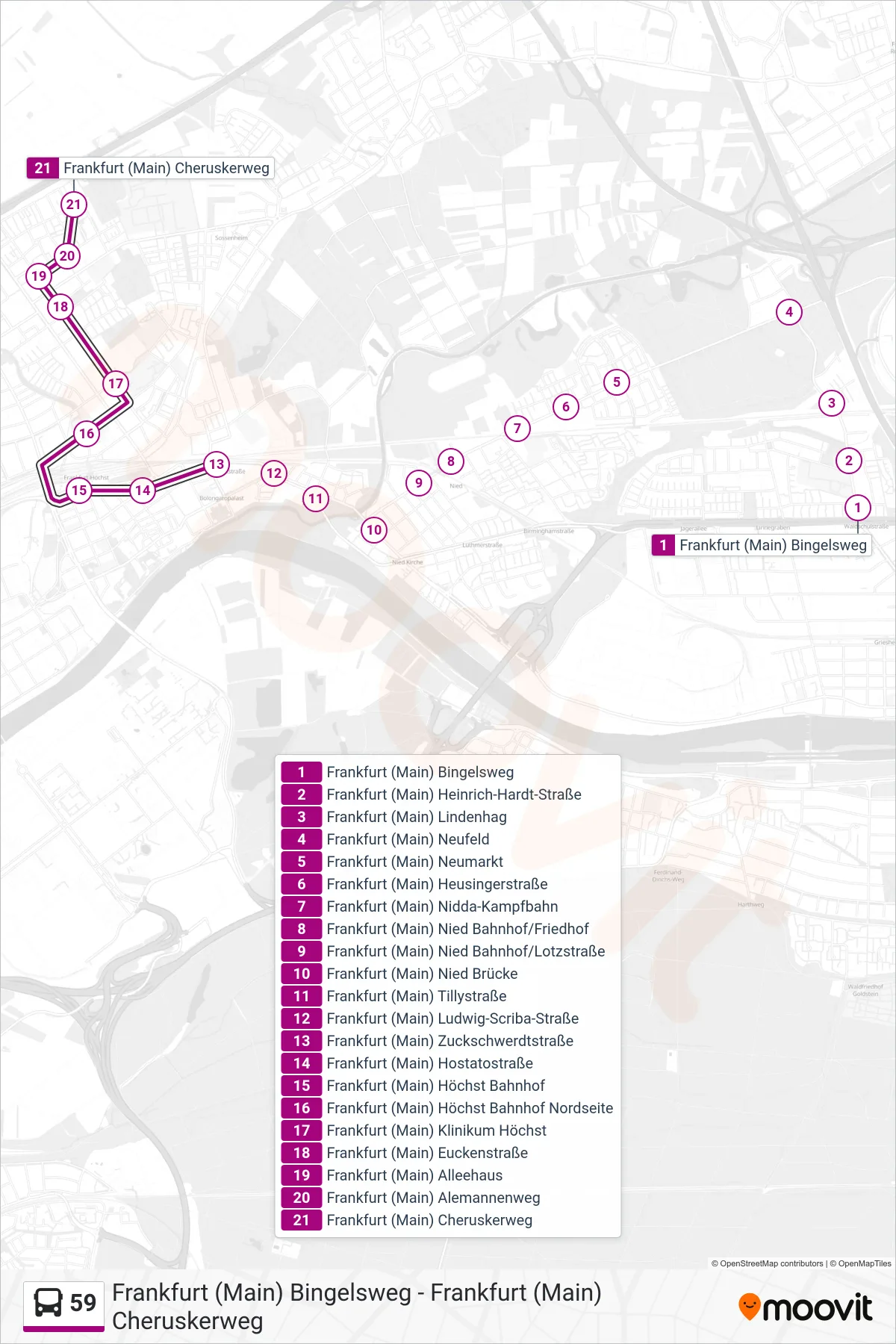 Linie 59 (Bus) Richtung Frankfurt (Main) Cheruskerweg: Route und Haltestellen auf der Karte