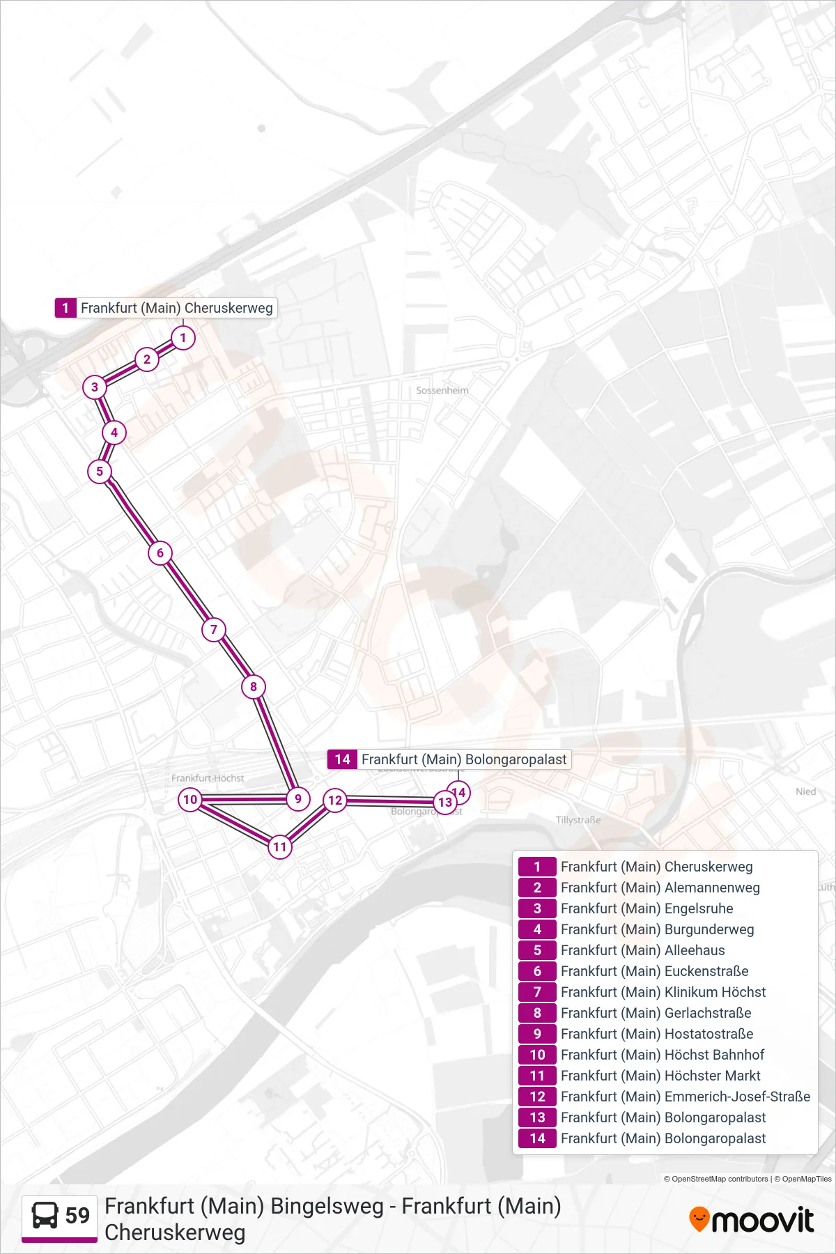 59 bus Line (Frankfurt (Main) Bolongaropalast) route and stops on a map