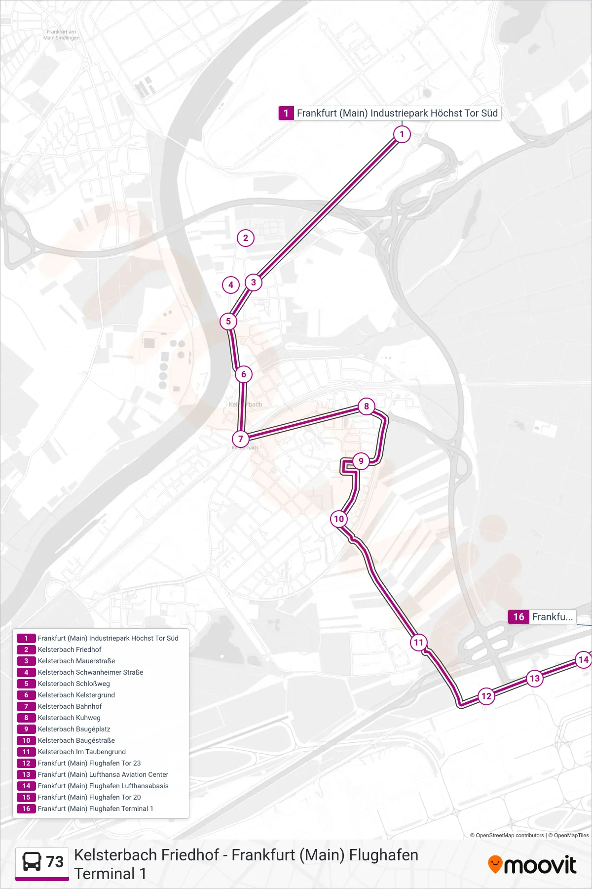 73 bus Line (Frankfurt (Main) Flughafen Terminal 1) route and stops on a map
