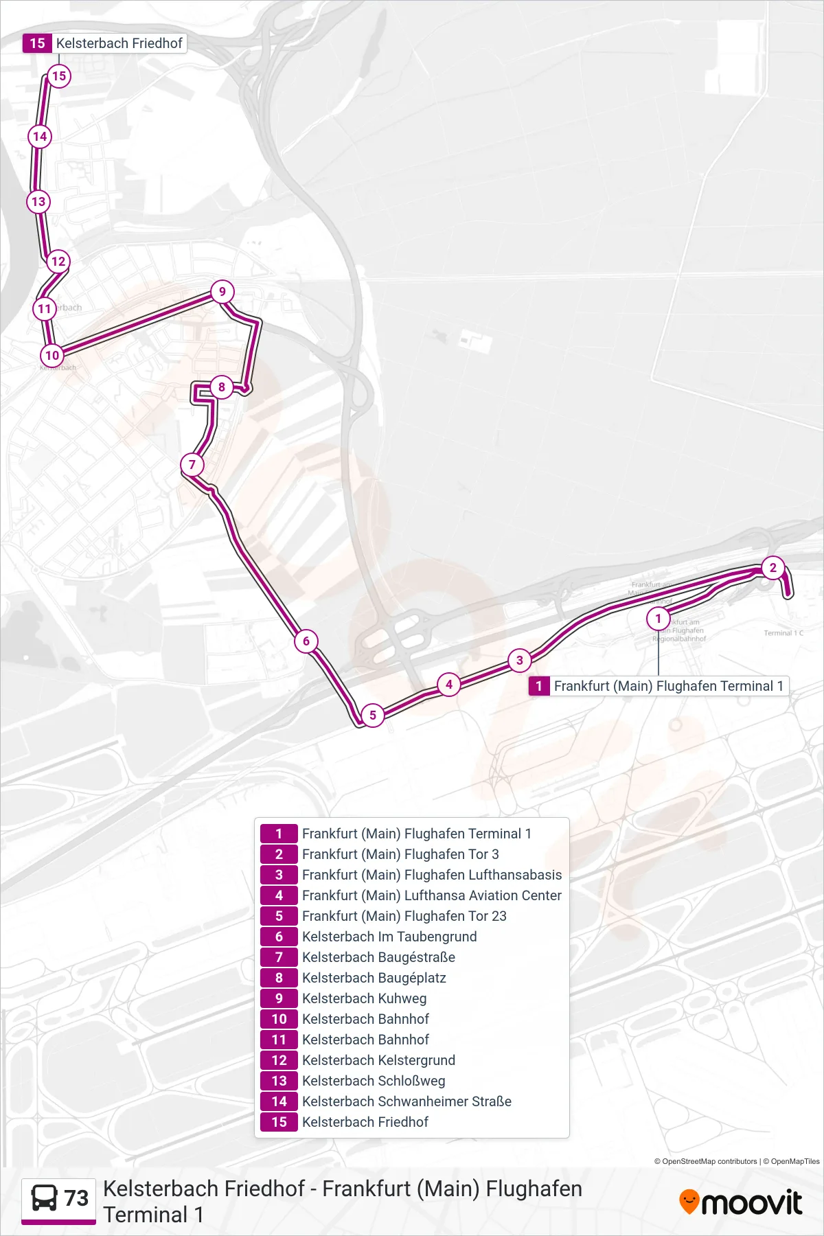 Linie 73 (Bus) Richtung Kelsterbach Friedhof: Route und Haltestellen auf der Karte