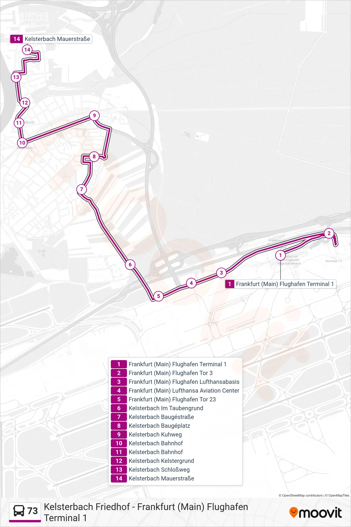 73 bus Line (Kelsterbach Mauerstraße) route and stops on a map