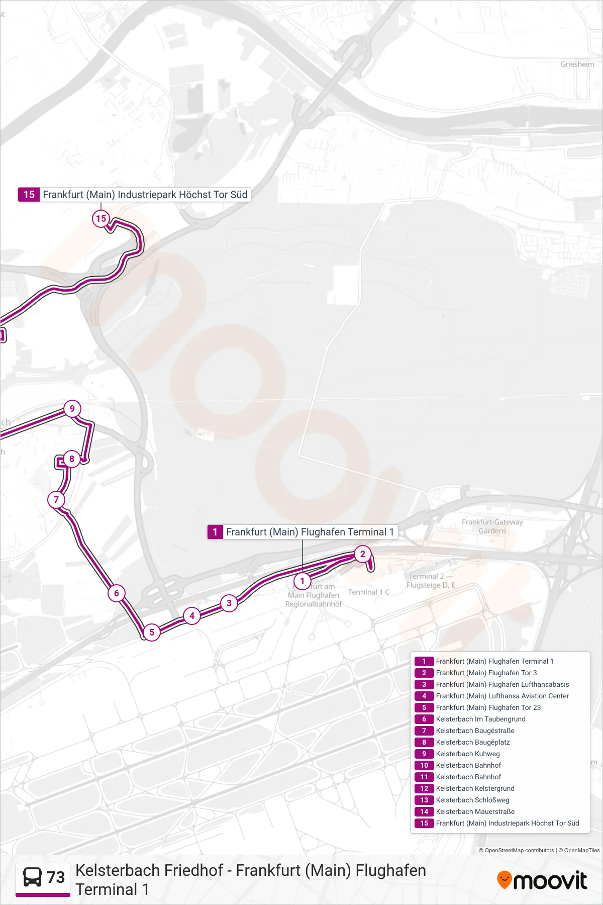 73 bus Line (Frankfurt (Main) Industriepark Höchst Tor Süd) route and stops on a map