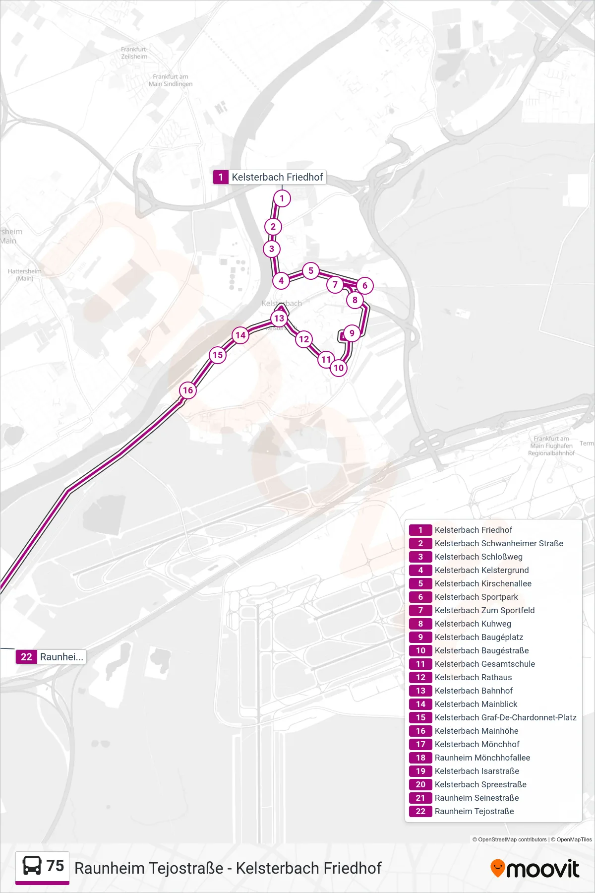 Linie 75 (Bus) Richtung Raunheim Tejostraße: Route und Haltestellen auf der Karte
