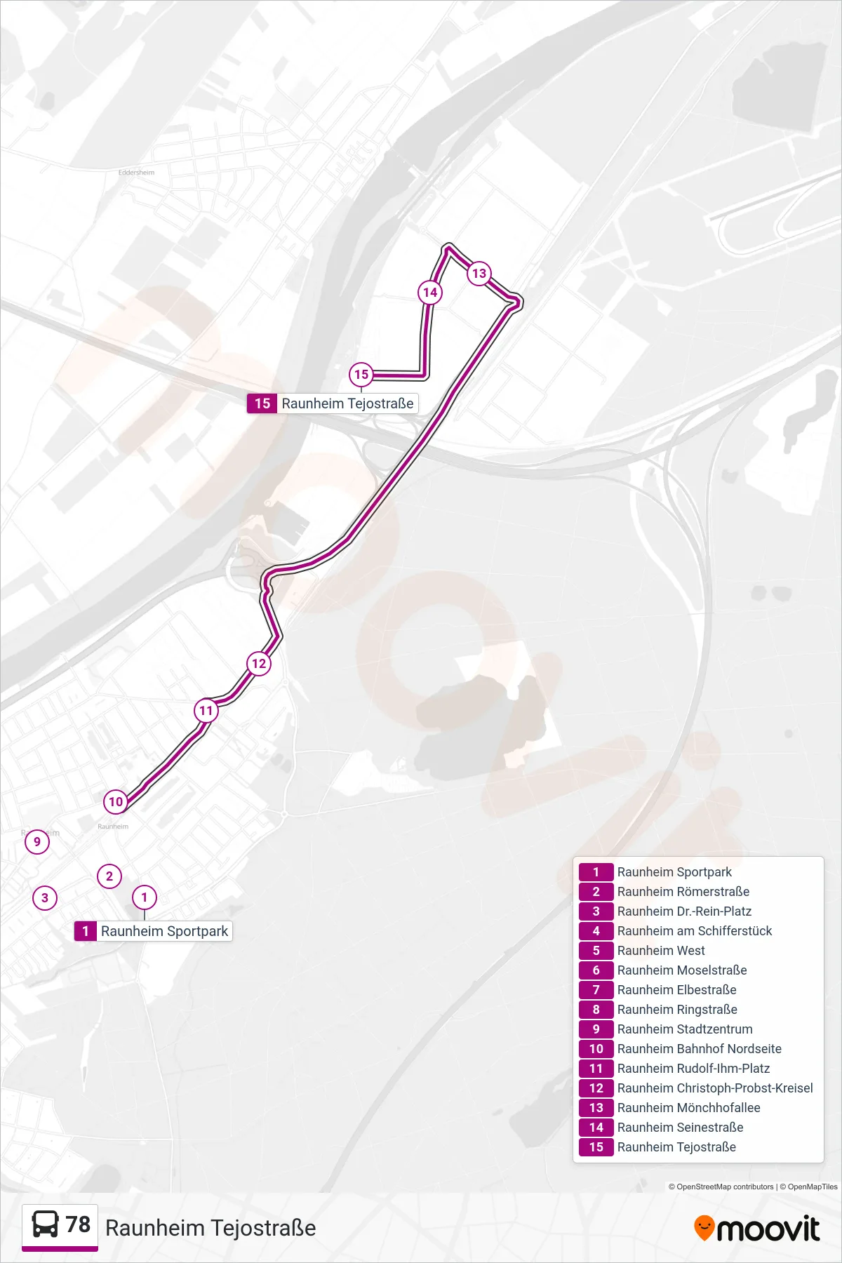 78 bus Line (Raunheim Tejostraße) route and stops on a map
