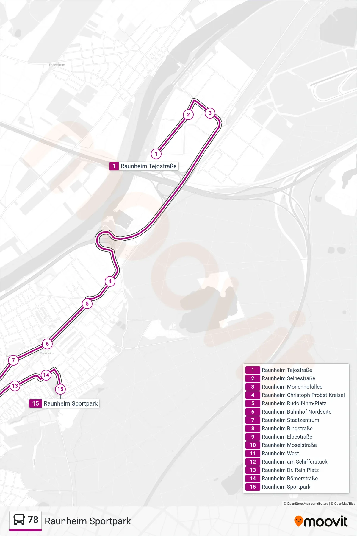 Linie 78 (Bus) Richtung Raunheim Sportpark: Route und Haltestellen auf der Karte