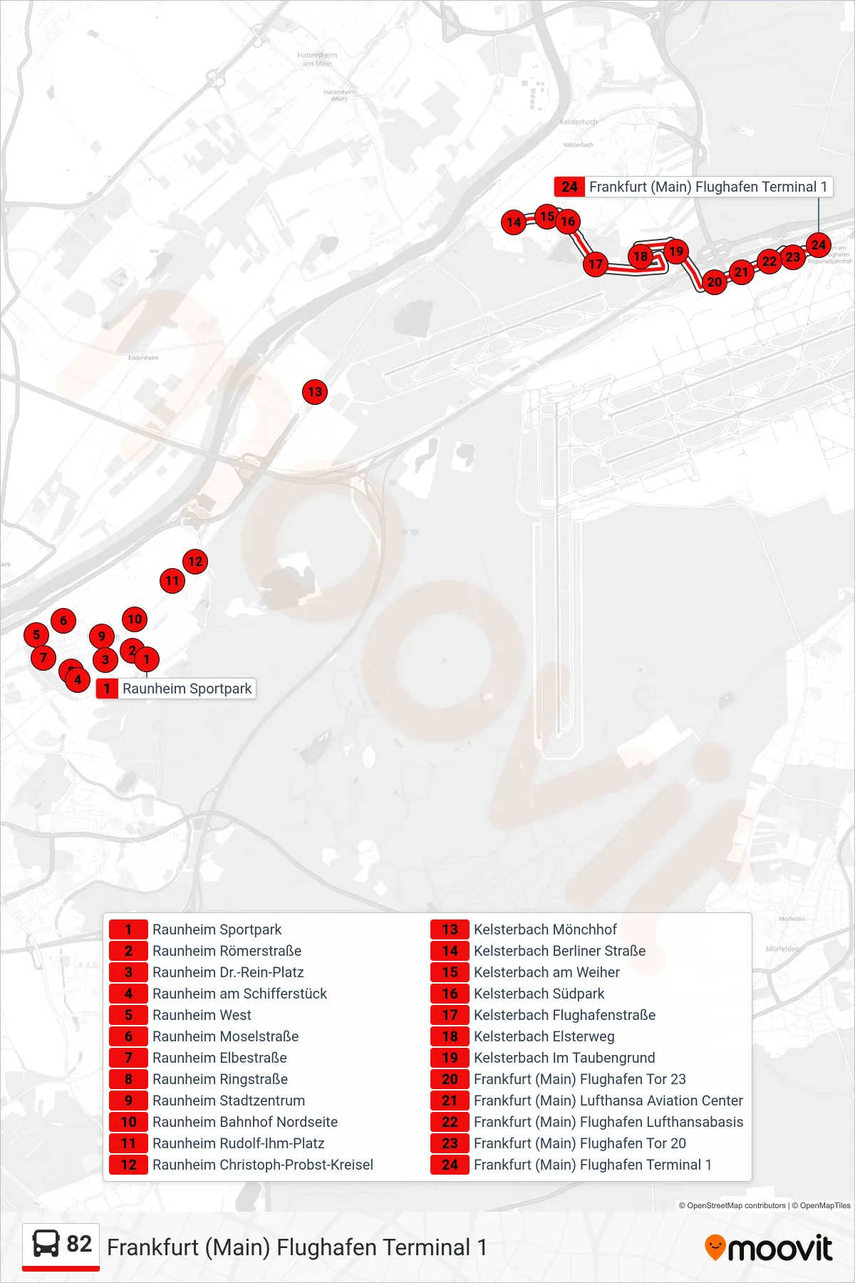Linie 82 (Bus) Richtung Frankfurt (Main) Flughafen Terminal 1: Route und Haltestellen auf der Karte
