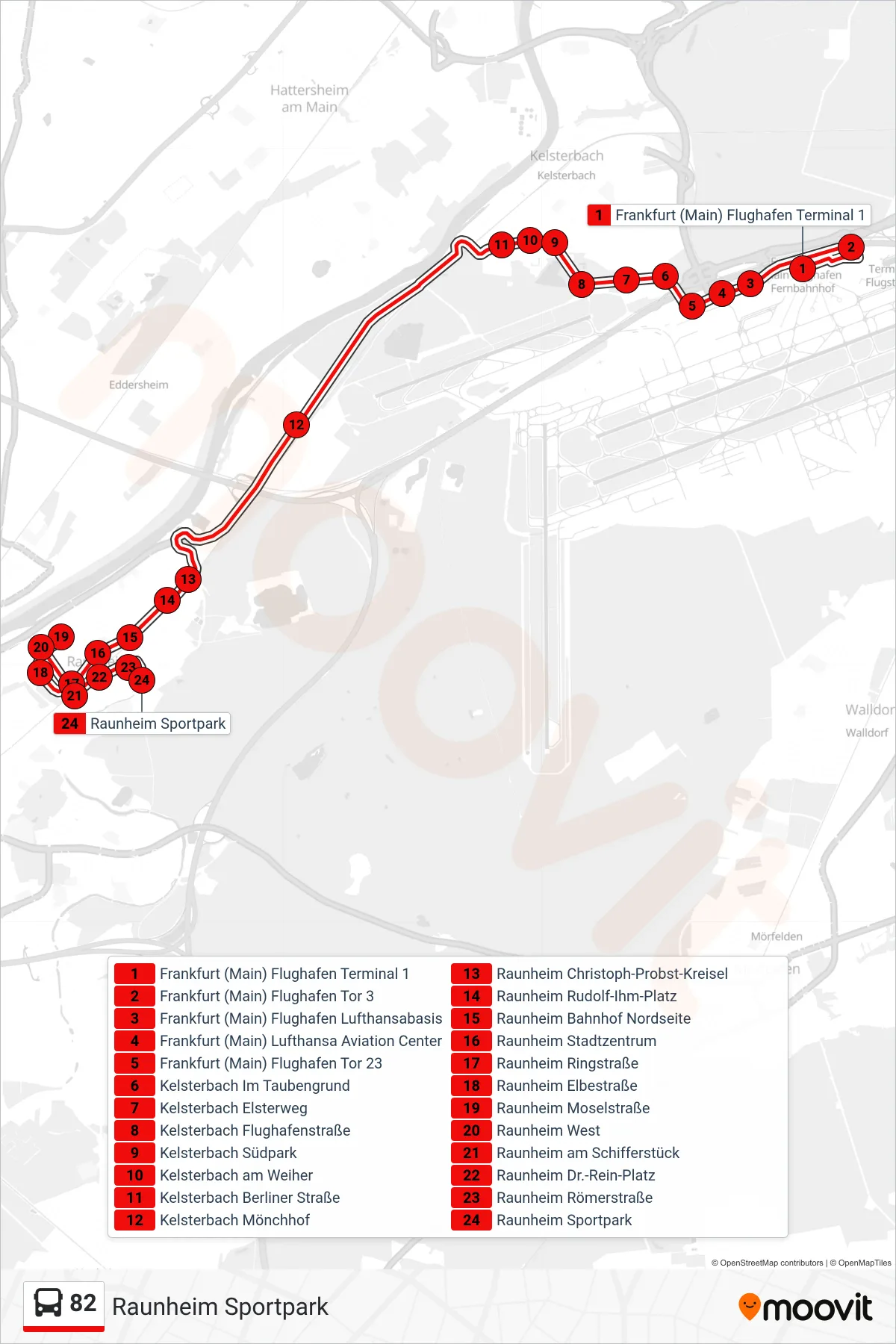 Linie 82 (Bus) Richtung Raunheim Sportpark: Route und Haltestellen auf der Karte