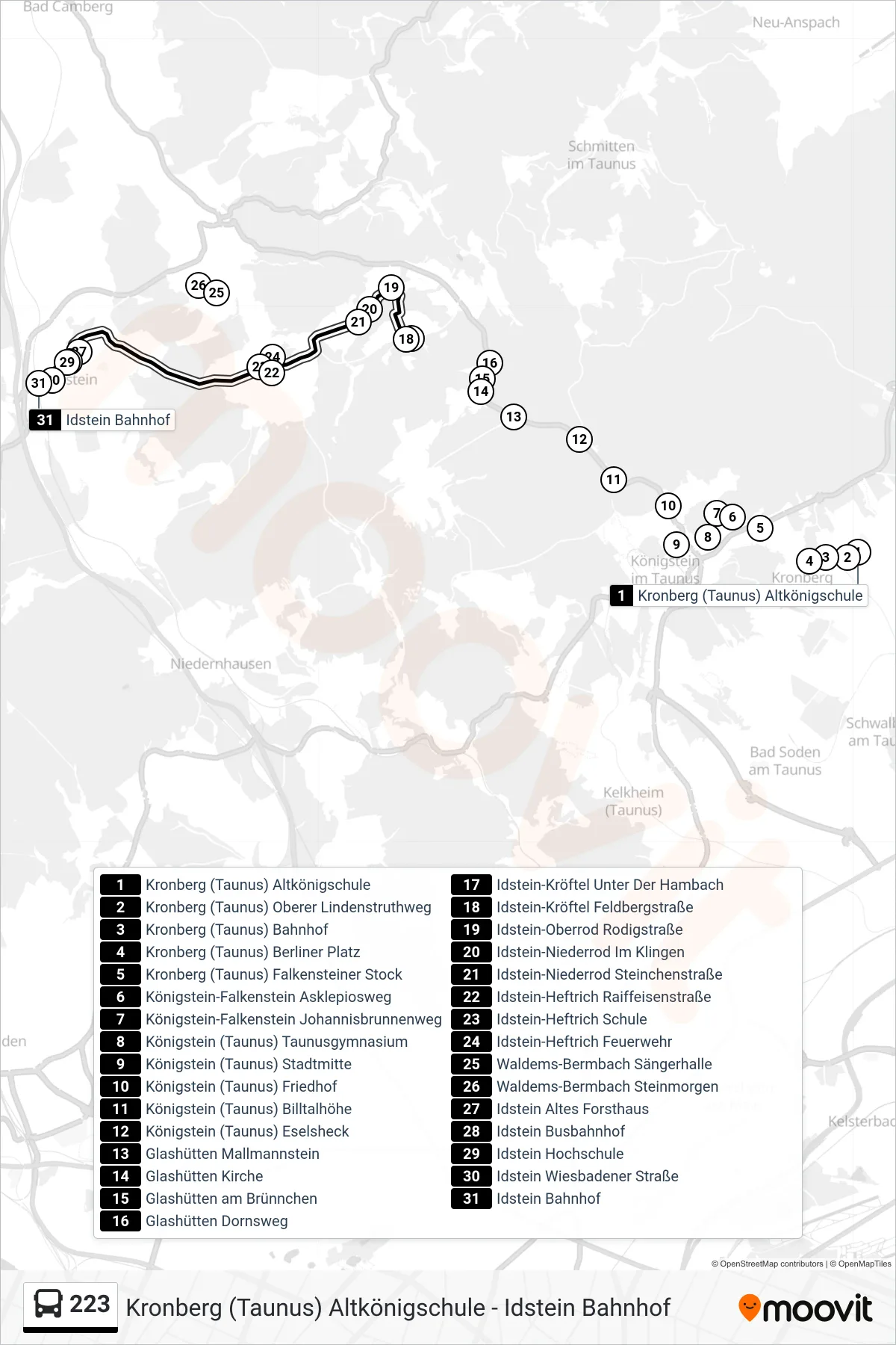 223 bus Line (Idstein Bahnhof) route and stops on a map