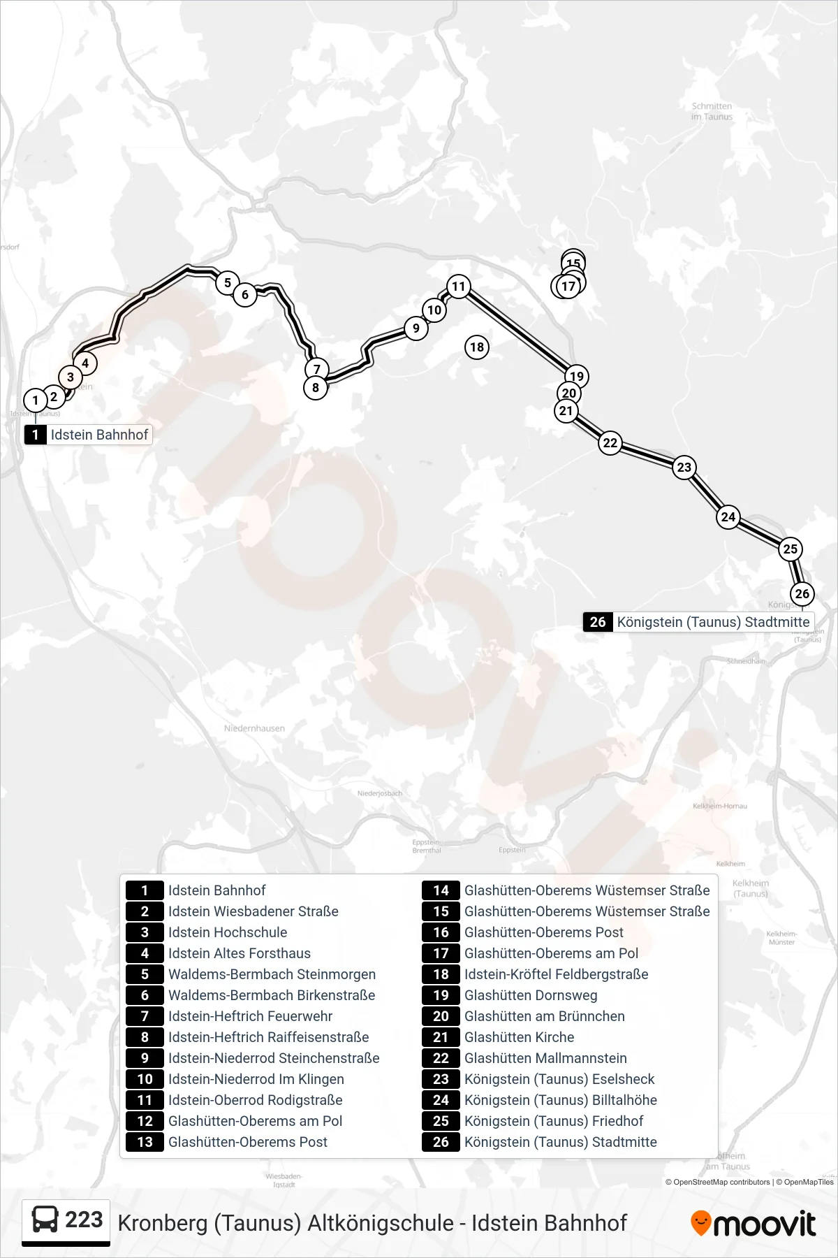 223 bus Line (Königstein (Taunus) Stadtmitte) route and stops on a map