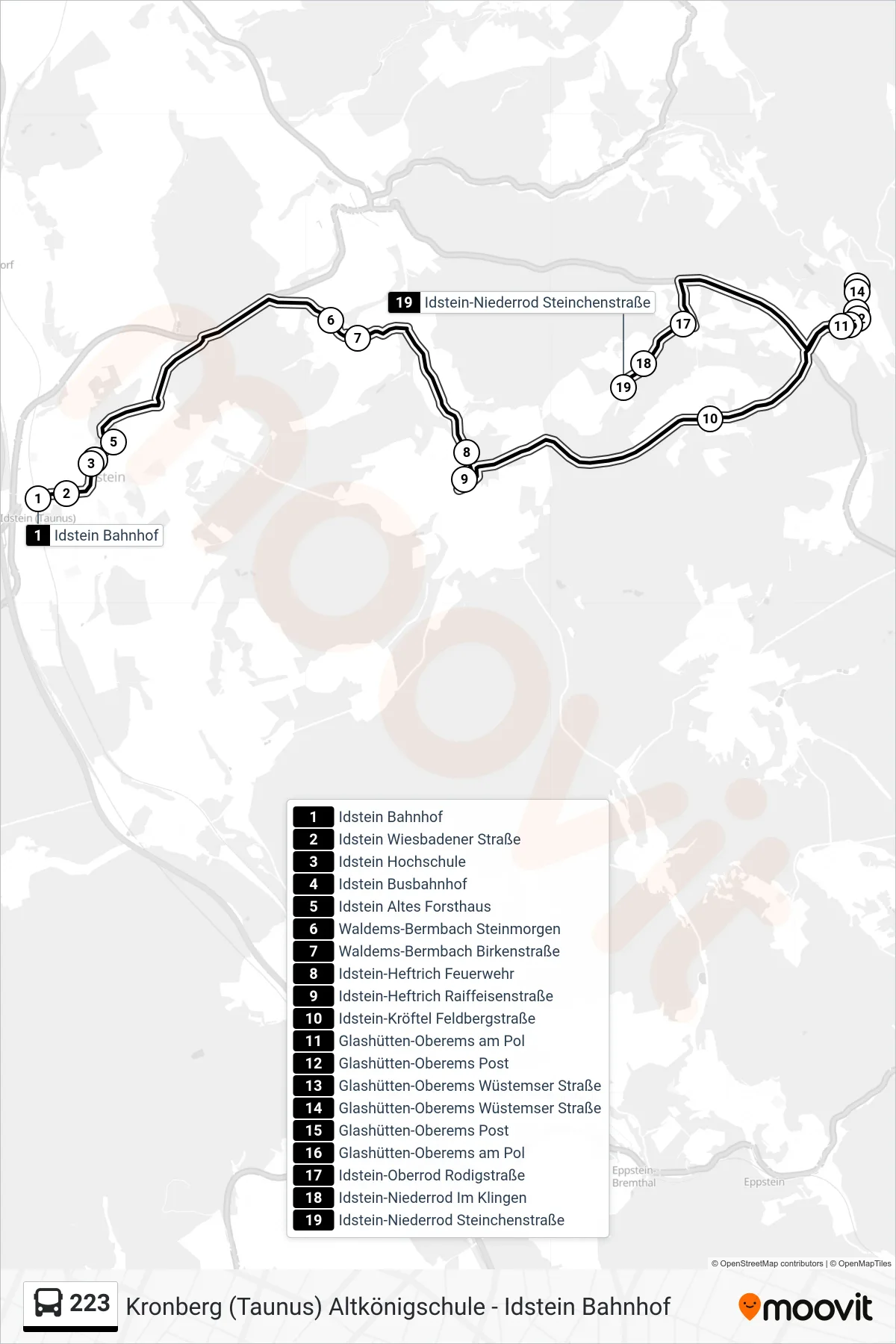 223 bus Line (Idstein-Niederrod Steinchenstraße) route and stops on a map