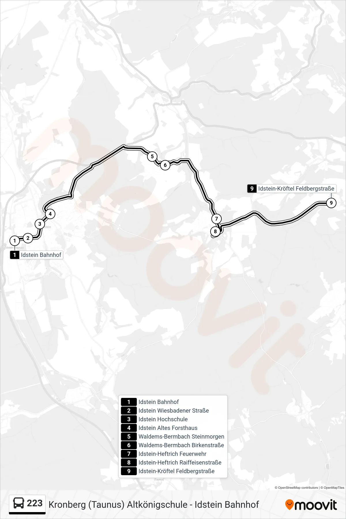 223 bus Line (Idstein-Kröftel Feldbergstraße) route and stops on a map