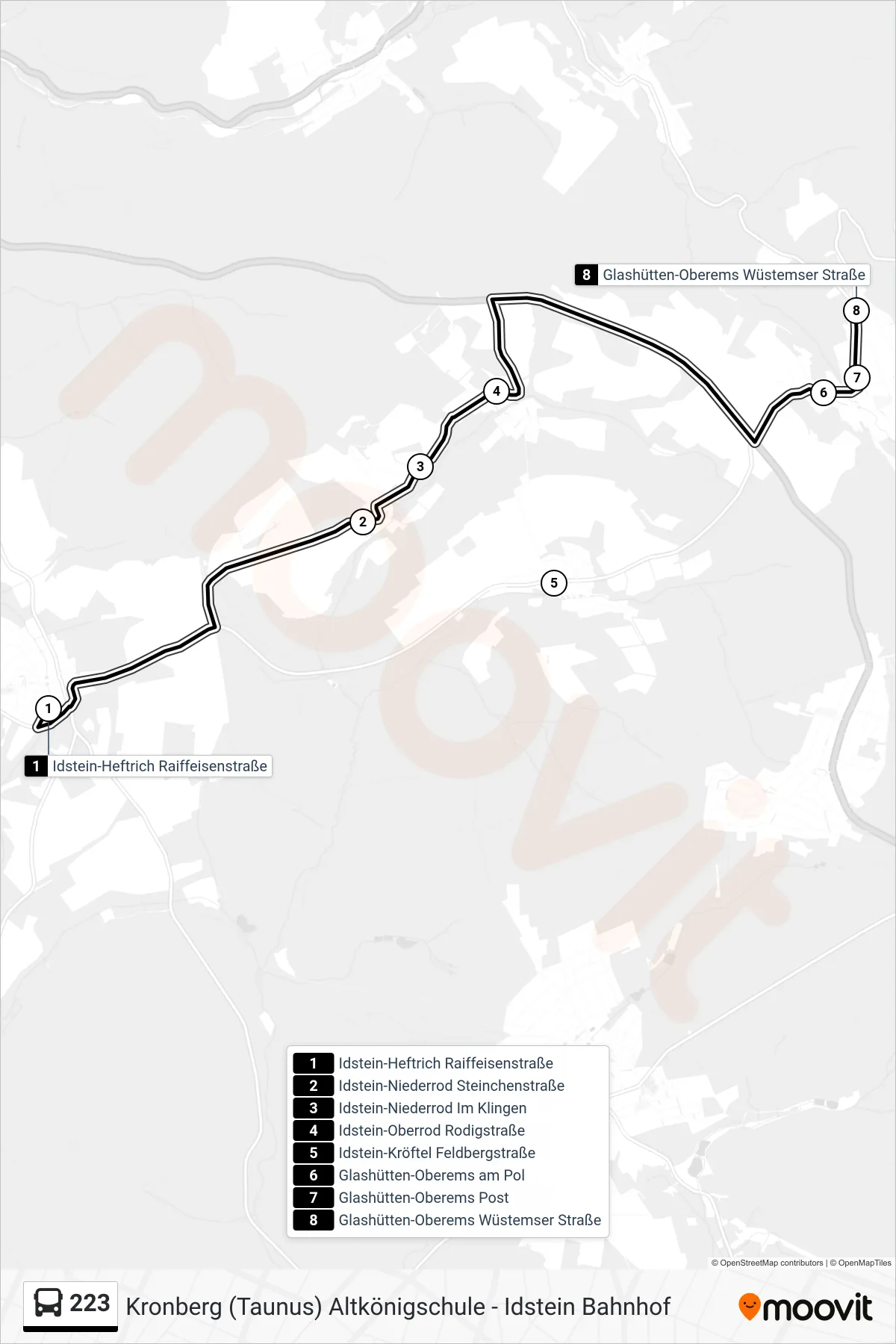 223 bus Line (Glashütten-Oberems Wüstemser Straße) route and stops on a map