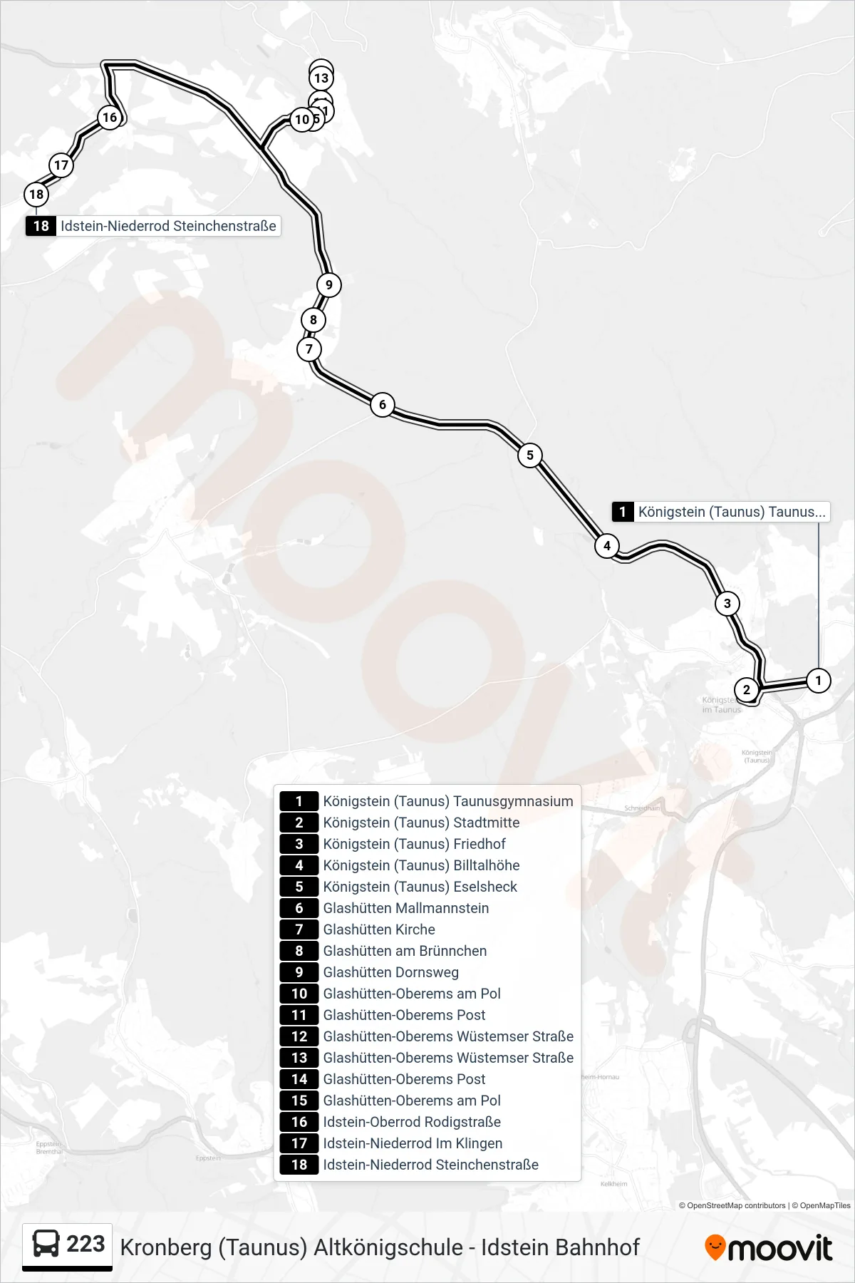 223 bus Line (Idstein-Niederrod Steinchenstraße) route and stops on a map