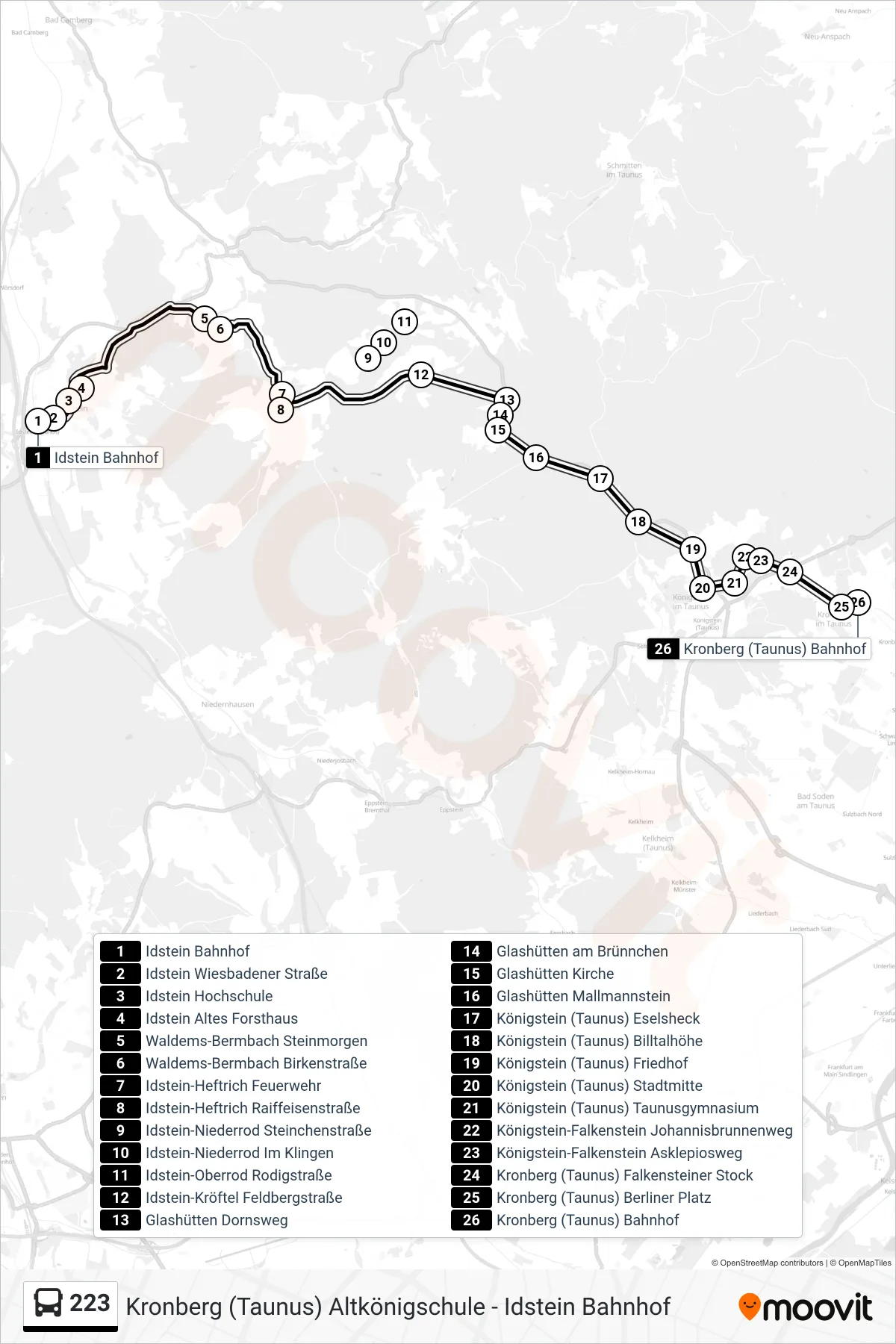 223 bus Line (Kronberg (Taunus) Bahnhof) route and stops on a map