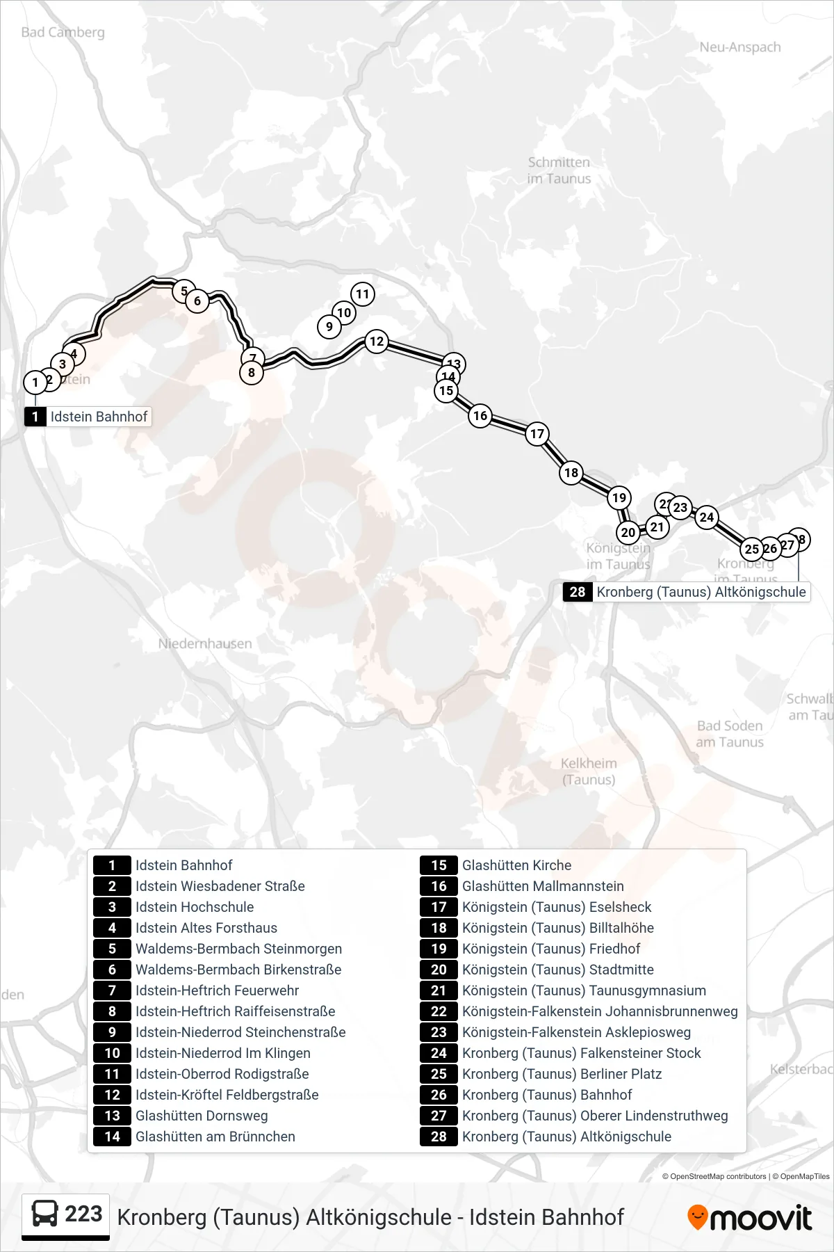 223 bus Line (Kronberg (Taunus) Altkönigschule) route and stops on a map