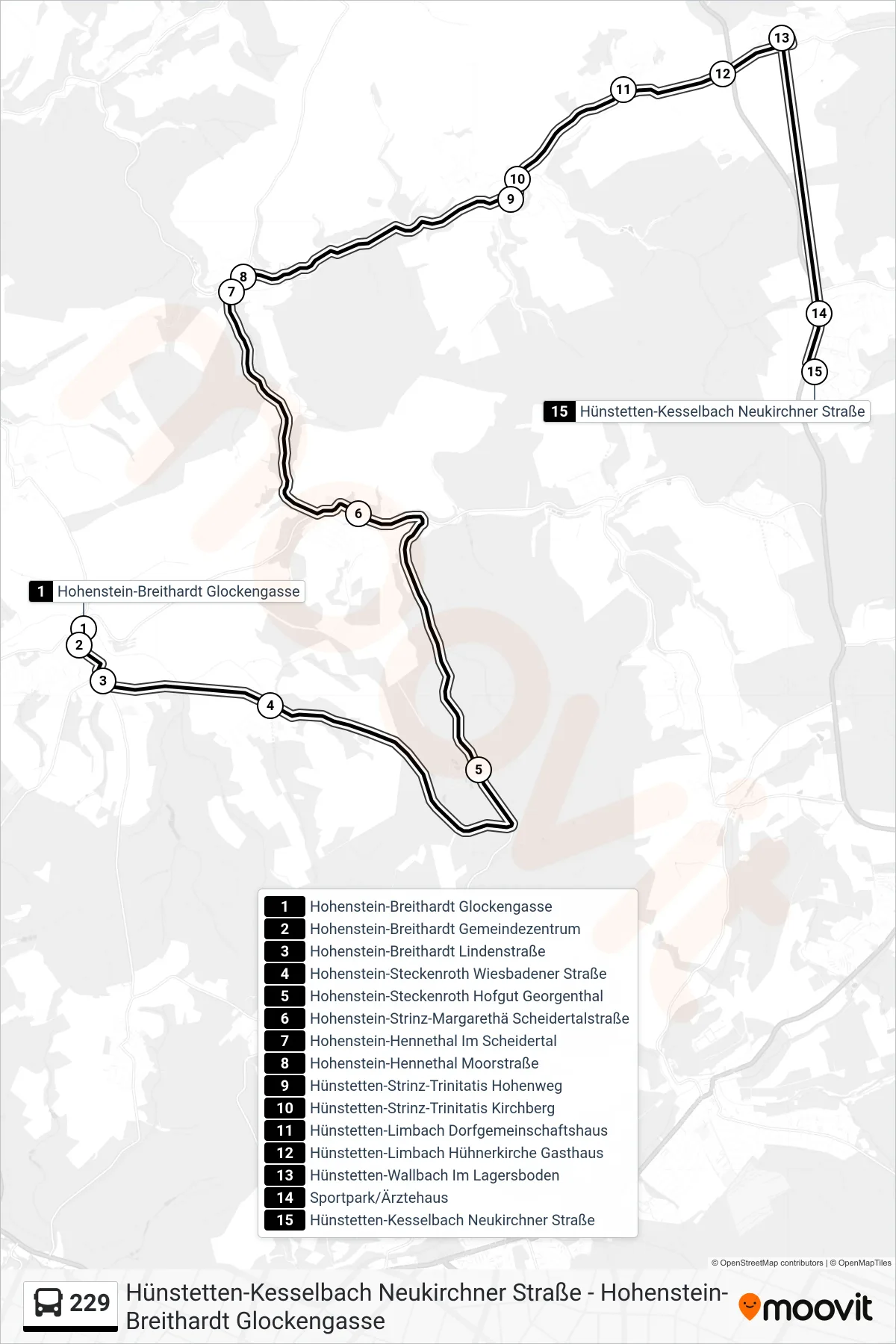 229 bus Line (Hünstetten-Kesselbach Neukirchner Straße) route and stops on a map