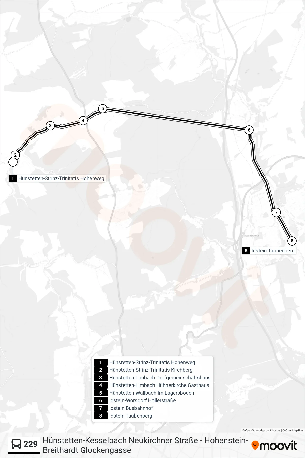 229 bus Line (Idstein Taubenberg) route and stops on a map