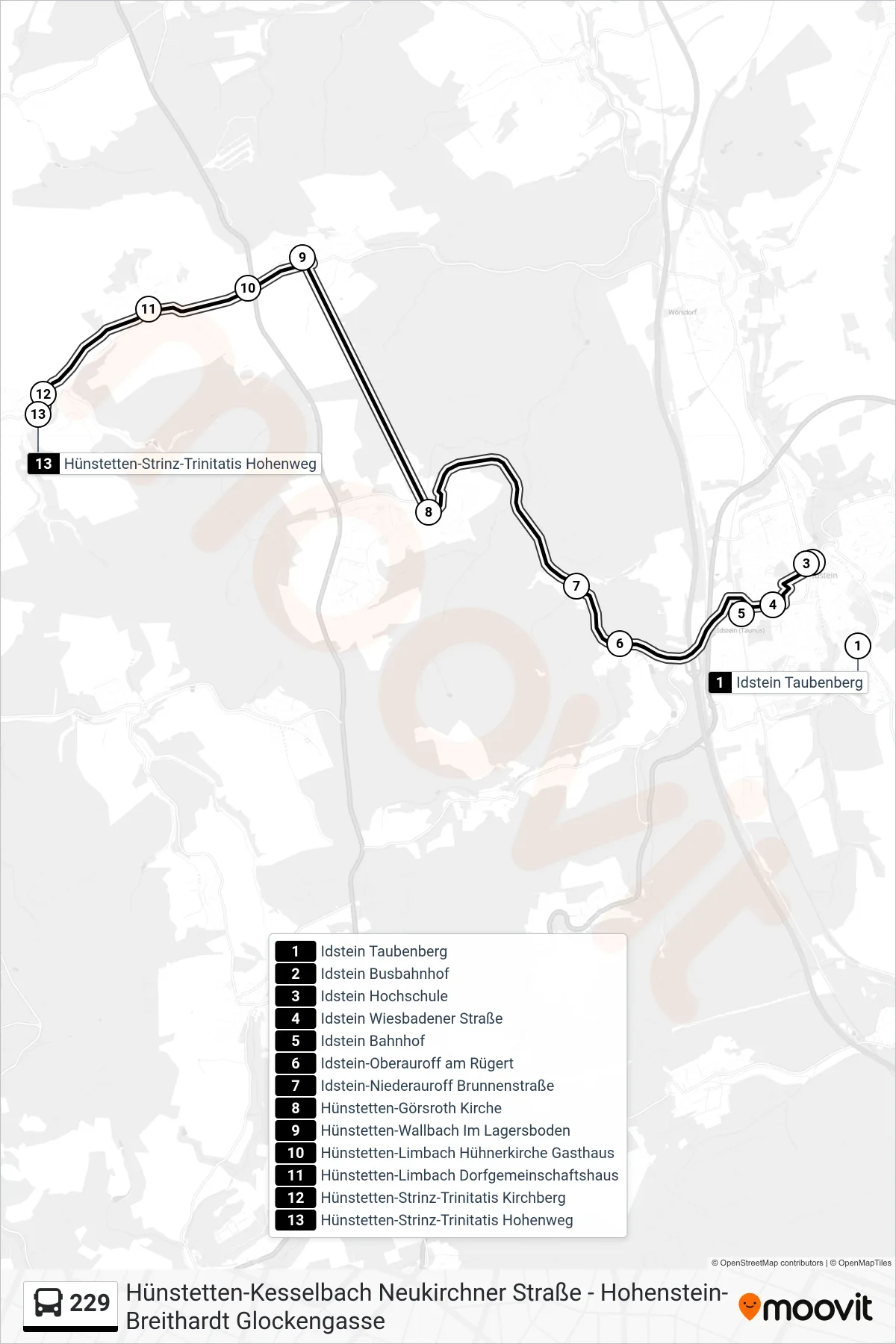 Linie 229 (Bus) Richtung Hünstetten-Strinz-Trinitatis Hohenweg: Route und Haltestellen auf der Karte