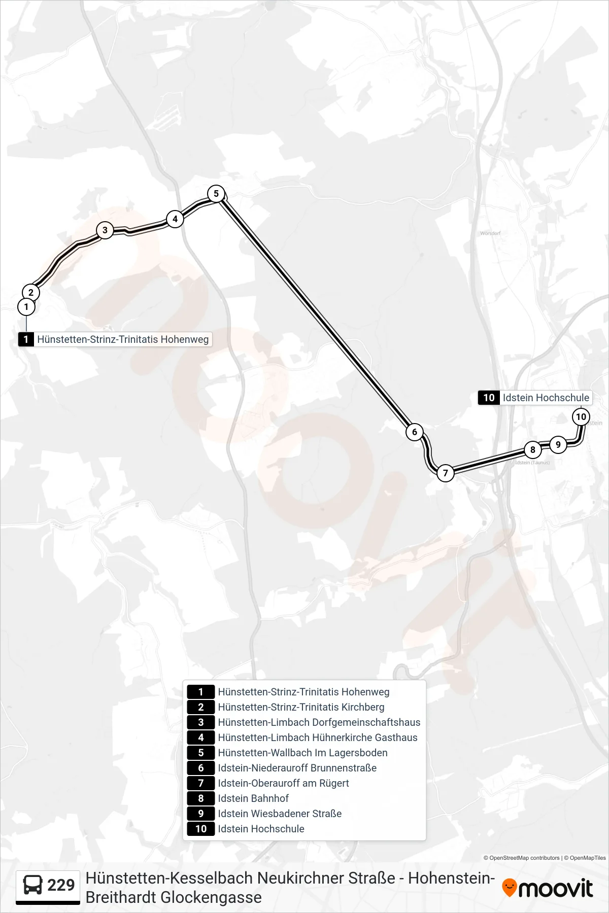 229 bus Line (Idstein Hochschule) route and stops on a map