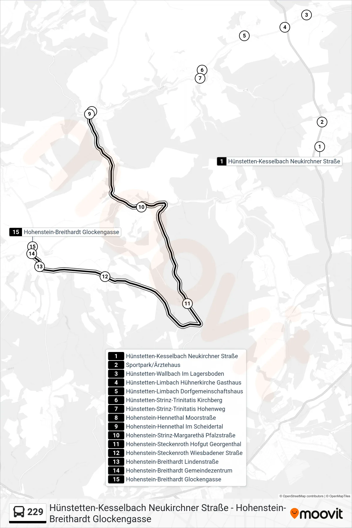 229 bus Line (Hohenstein-Breithardt Glockengasse) route and stops on a map